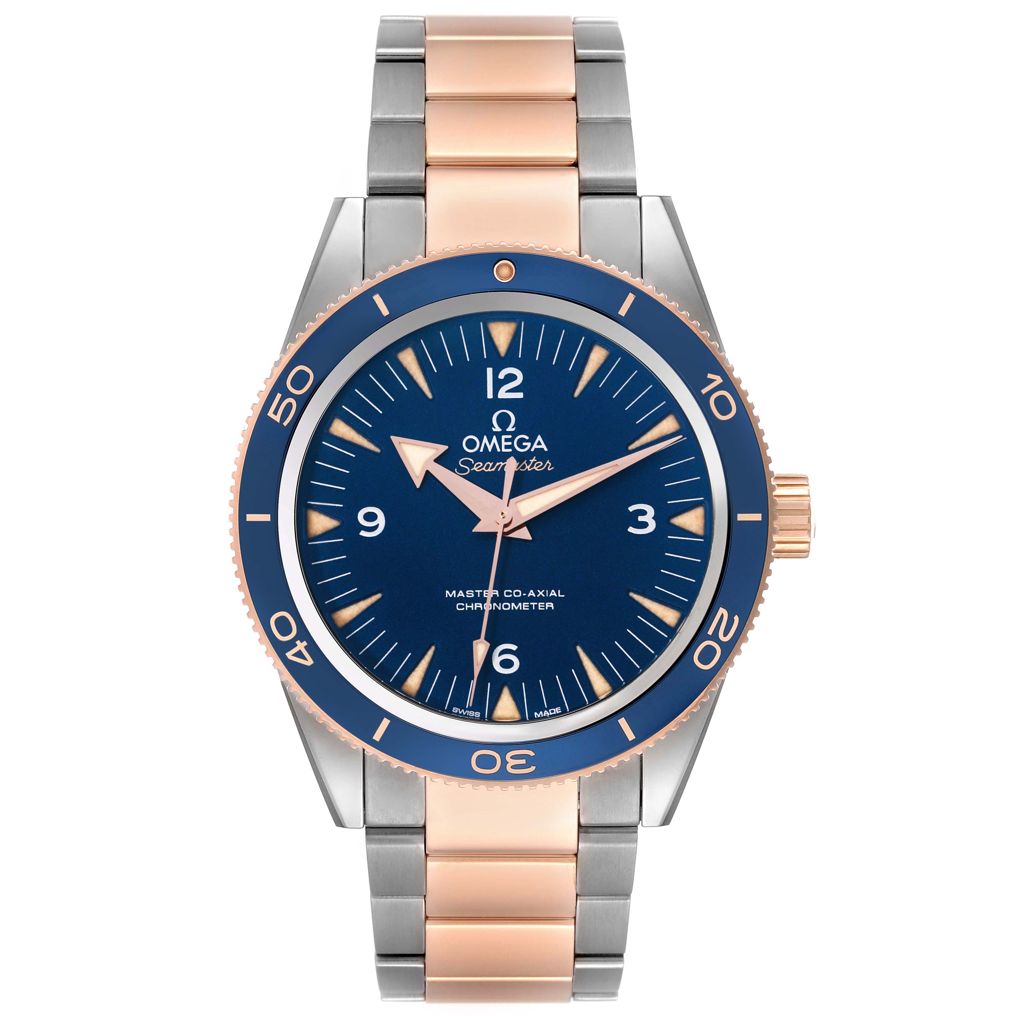 The Omega Seamaster 233.60.41.21.03.001 Men's Steel and Gold (two tone) Blue Dial 233.60.41.21.03.001 Men's Steel and Gold (two tone) Blue Dial watch is shown from the front, displaying the case, bezel, dial, hands, and part of the bracelet.