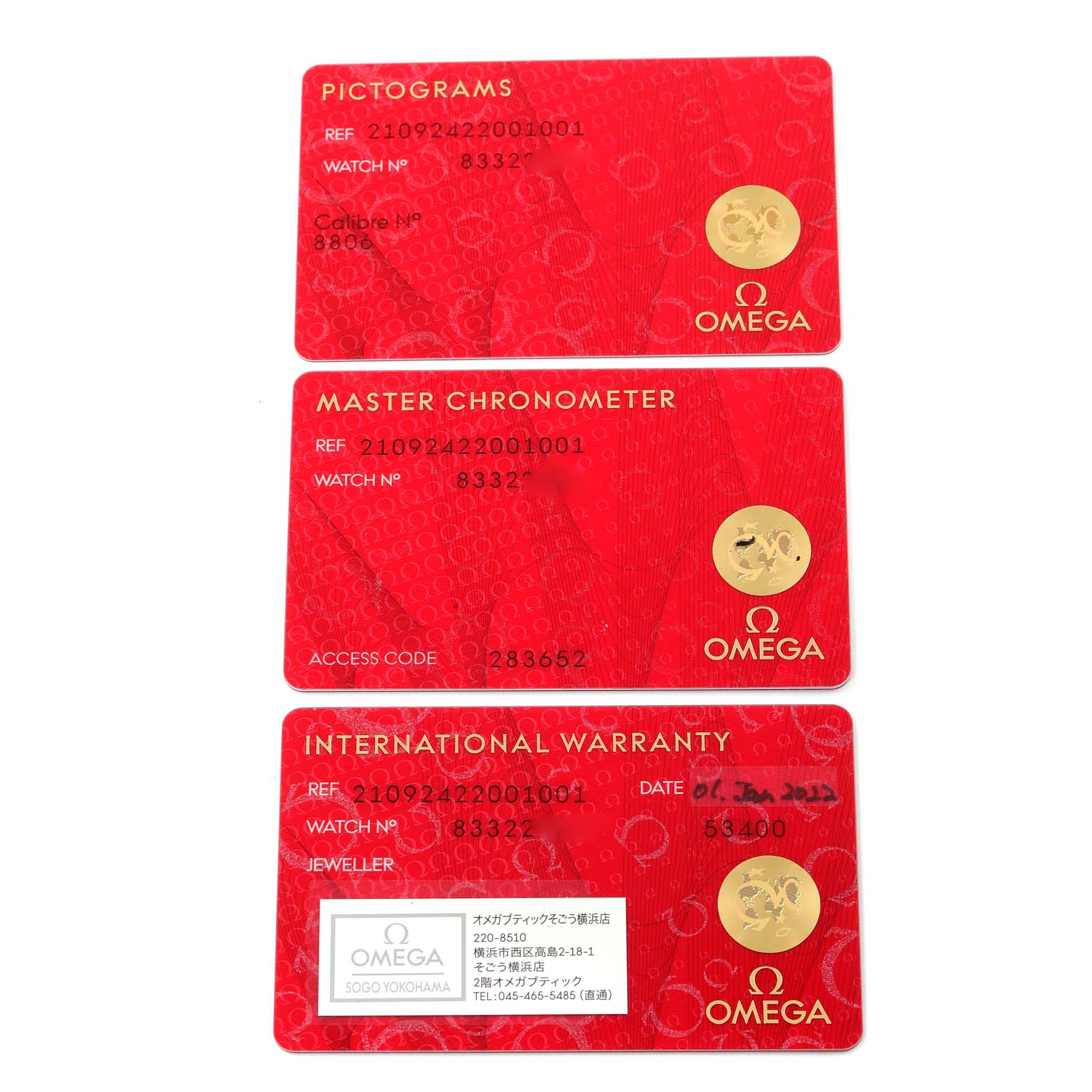 These are three red cards for an Omega Seamaster 210.92.42.20.01.001 Men's Titanium Brown Dial 210.92.42.20.01.001 Men's Titanium Brown Dial watch, including Pictograms, Master Chronometer, and International Warranty cards.
