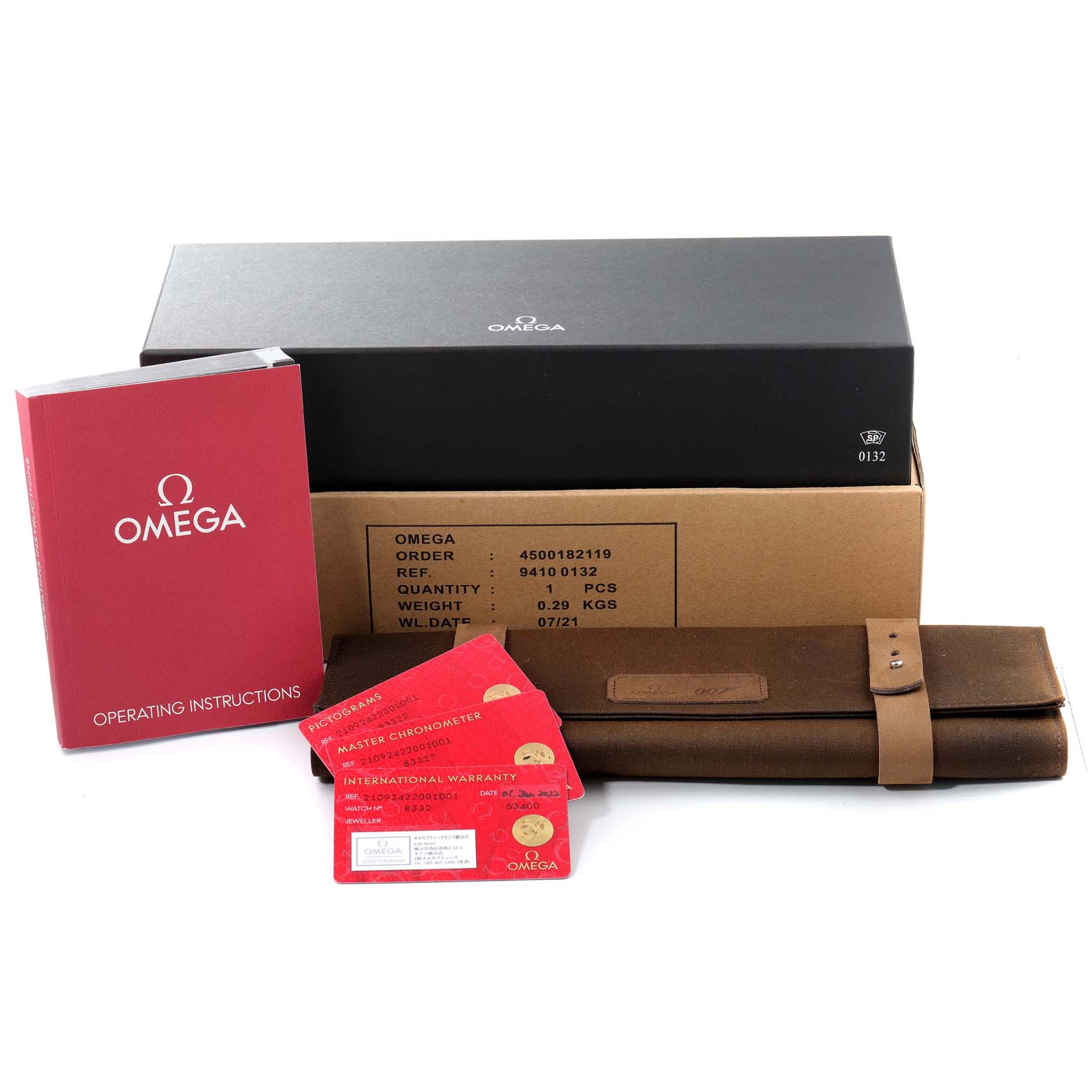 The image shows packaging, a manual, cards, and a carrying case for an Omega Seamaster 210.92.42.20.01.001 Men's Titanium Brown Dial 210.92.42.20.01.001 Men's Titanium Brown Dial watch.