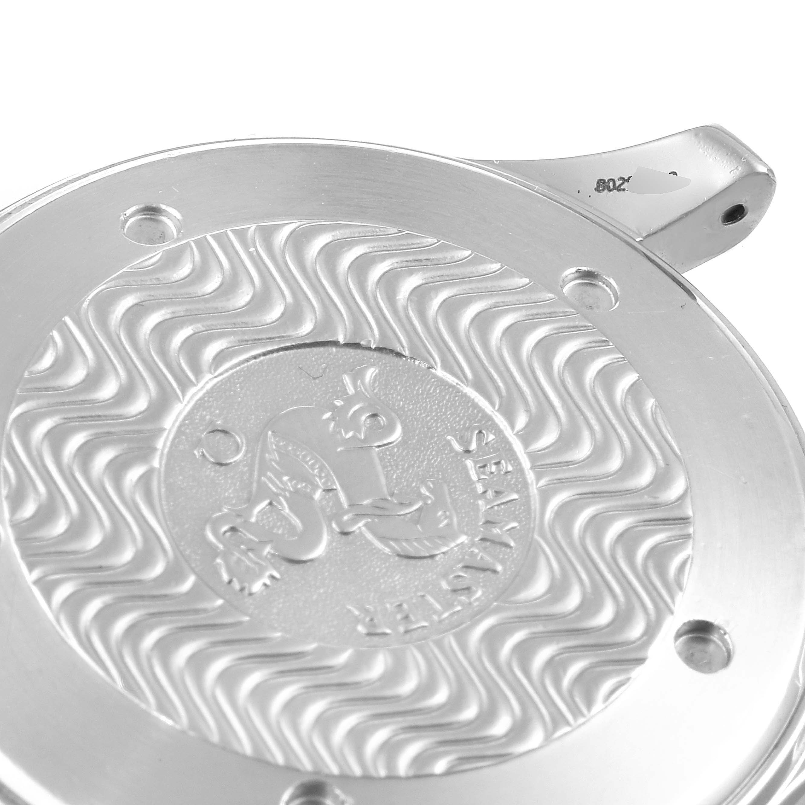 The image shows the case back of an Omega Seamaster 2531.80.00 Men's Stainless Steel Blue Dial 2531.80.00 Men's Stainless Steel Blue Dial watch with a close-up angle highlighting its engraved design.