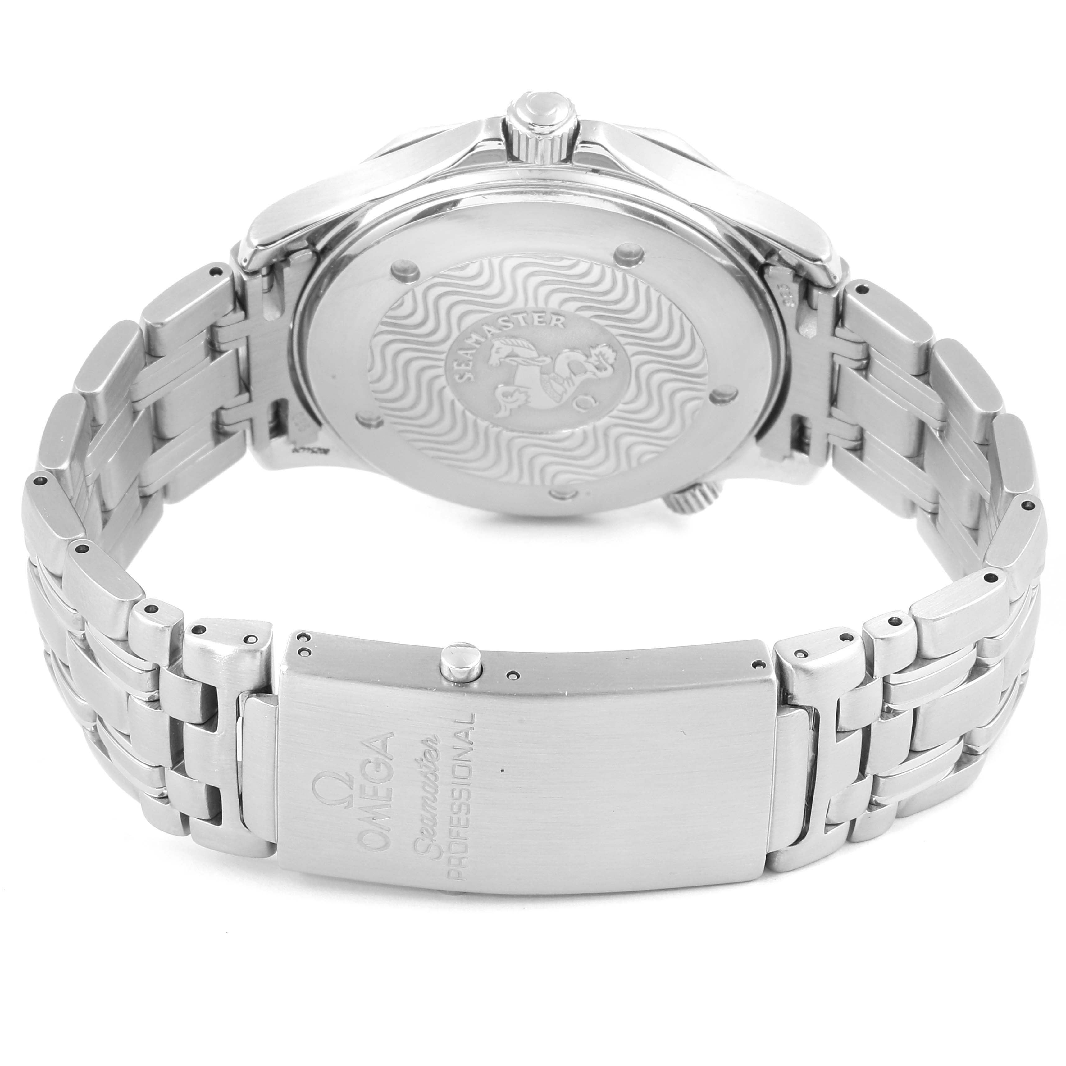 This image shows the back and bracelet of an Omega Seamaster 2531.80.00 Men's Stainless Steel Blue Dial 2531.80.00 Men's Stainless Steel Blue Dial watch, highlighting the case back engraving and clasp.