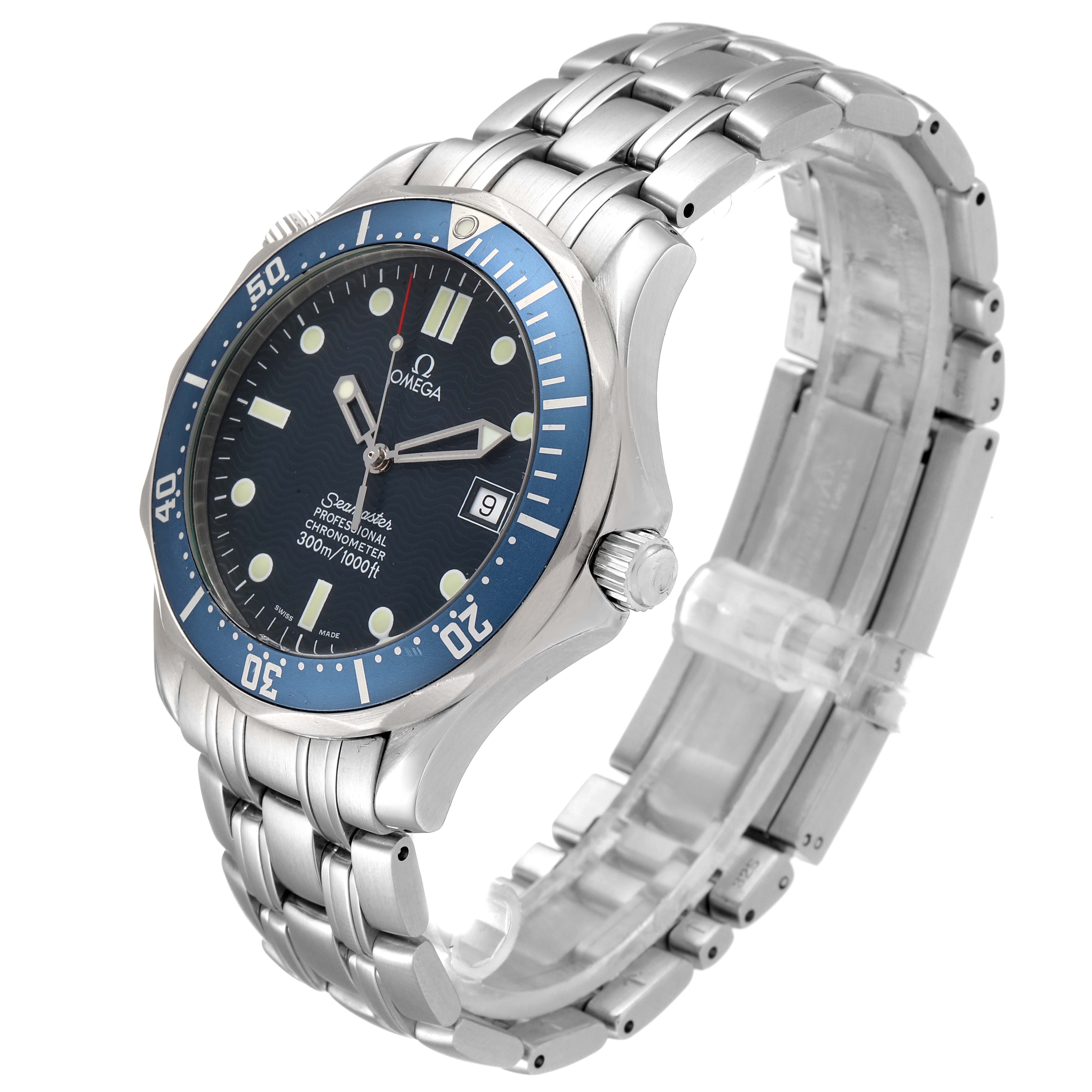 The image shows an Omega Seamaster 2531.80.00 Men's Stainless Steel Blue Dial 2531.80.00 Men's Stainless Steel Blue Dial watch at an angle highlighting the face, bezel, bracelet, and crown.