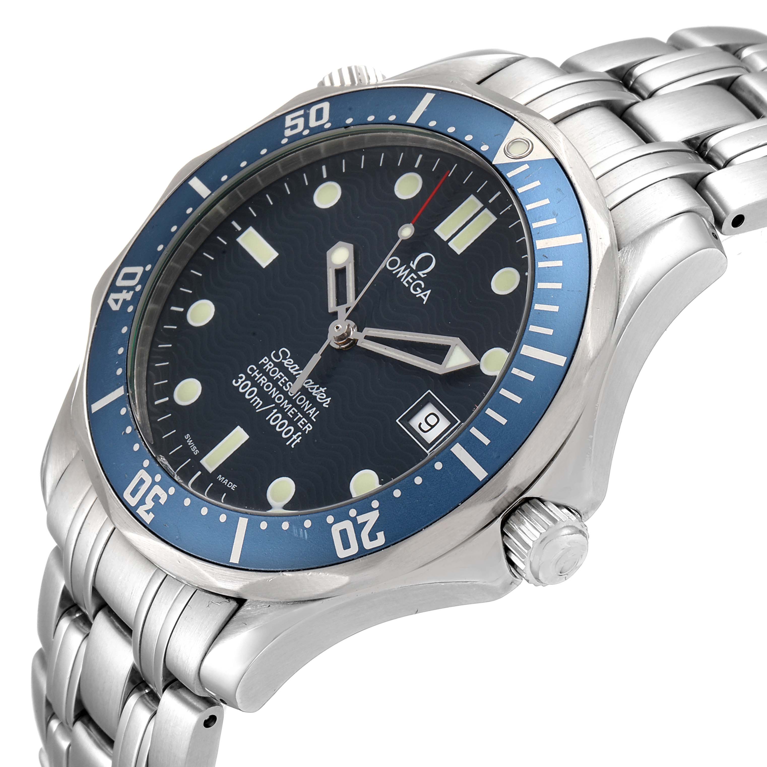 The image shows the Omega Seamaster 2531.80.00 Men's Stainless Steel Blue Dial 2531.80.00 Men's Stainless Steel Blue Dial watch from a three-quarter angle, highlighting its blue bezel, dial, and stainless steel bracelet.