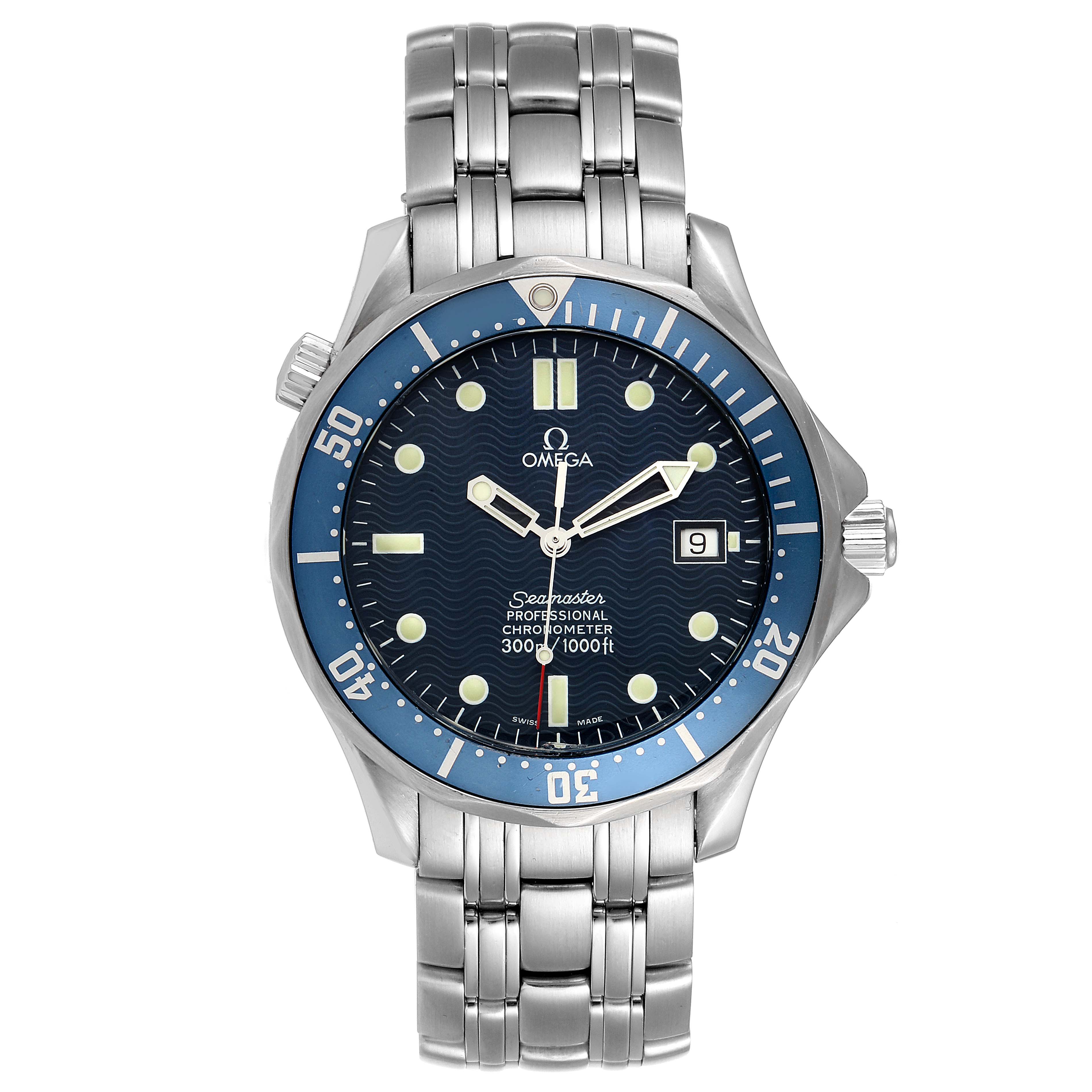 This is a frontal view of the Omega Seamaster 2531.80.00 Men's Stainless Steel Blue Dial 2531.80.00 Men's Stainless Steel Blue Dial watch, showing the dial, bezel, case, and stainless steel bracelet.