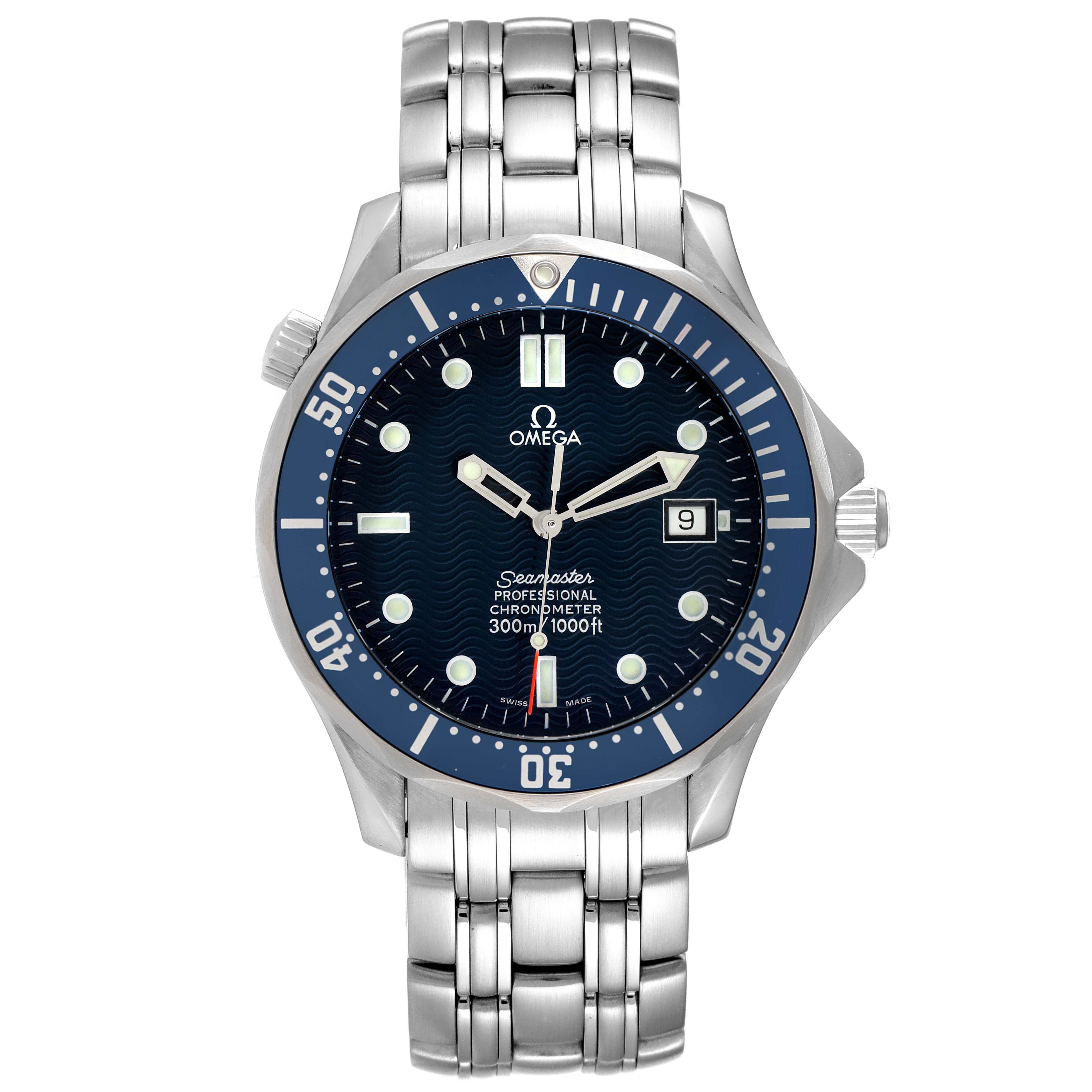 The image shows a front view of an Omega Seamaster 2531.80.00 Men's Stainless Steel Blue Dial 2531.80.00 Men's Stainless Steel Blue Dial watch with a metal bracelet and a blue dial.
