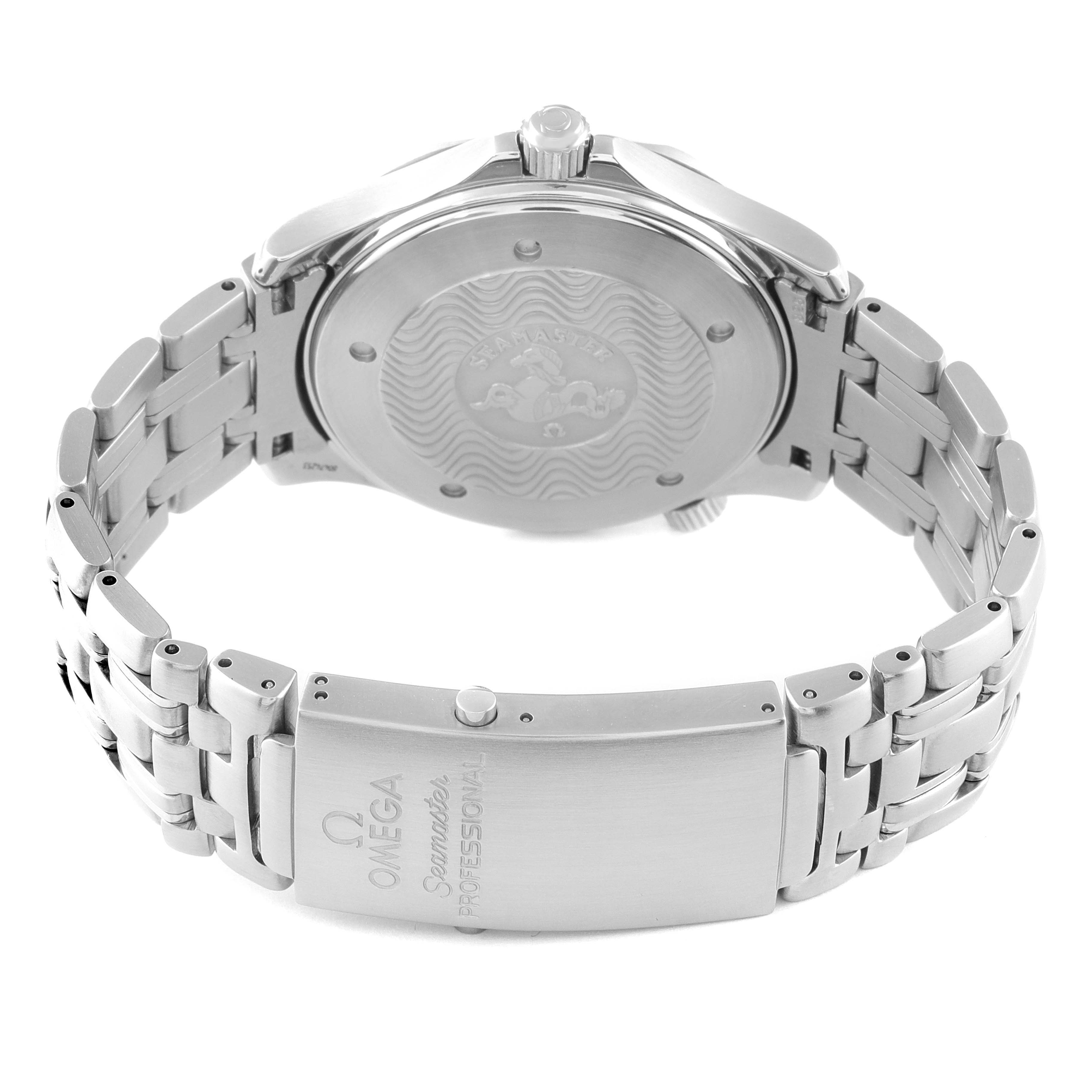 The image shows the back view of an Omega Seamaster 2531.80.00 Men's Stainless Steel Blue Dial 2531.80.00 Men's Stainless Steel Blue Dial's case and stainless steel bracelet with the clasp visible.