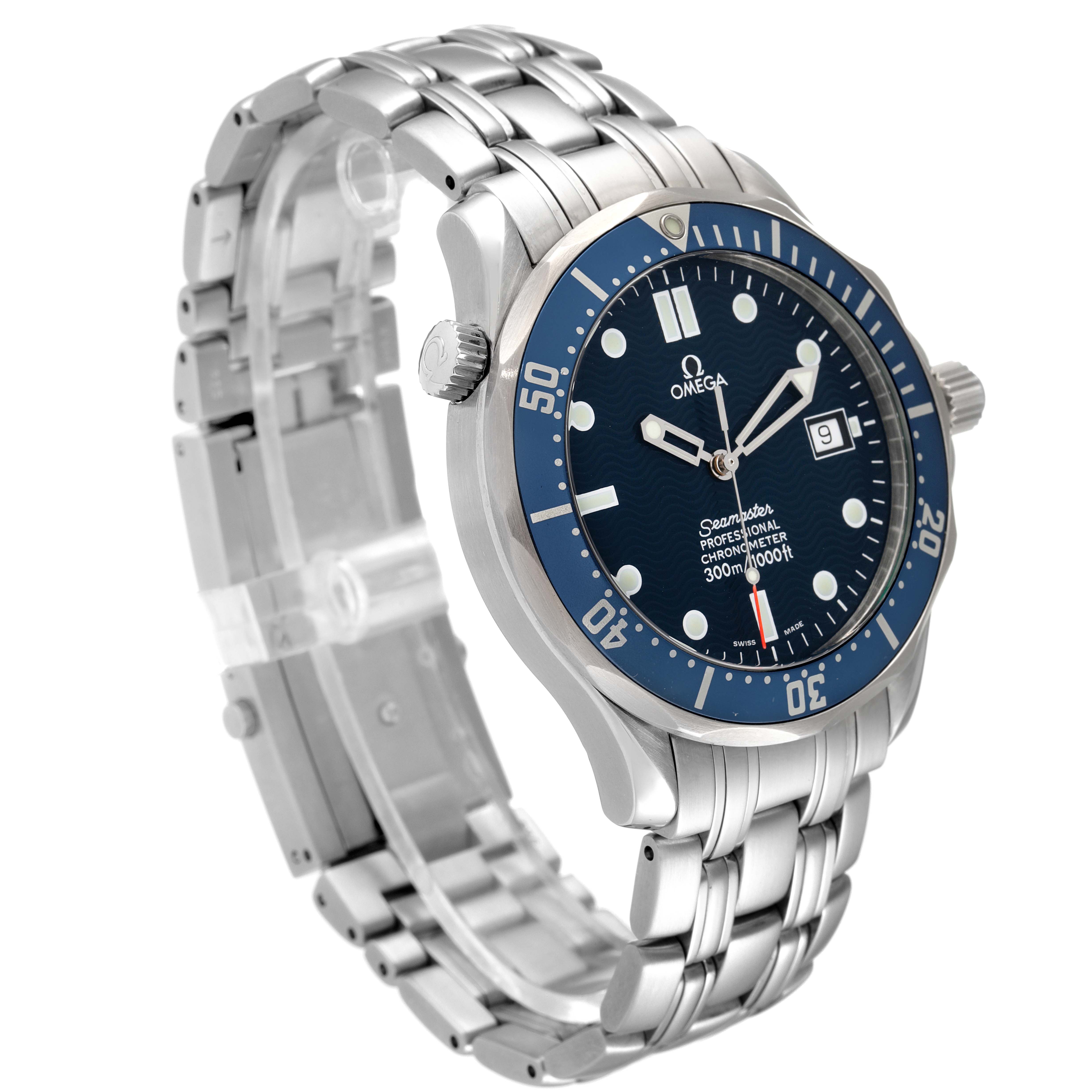 The image shows an angled side view of the Omega Seamaster 2531.80.00 Men's Stainless Steel Blue Dial 2531.80.00 Men's Stainless Steel Blue Dial watch, highlighting the face, bezel, crown, and metal bracelet.
