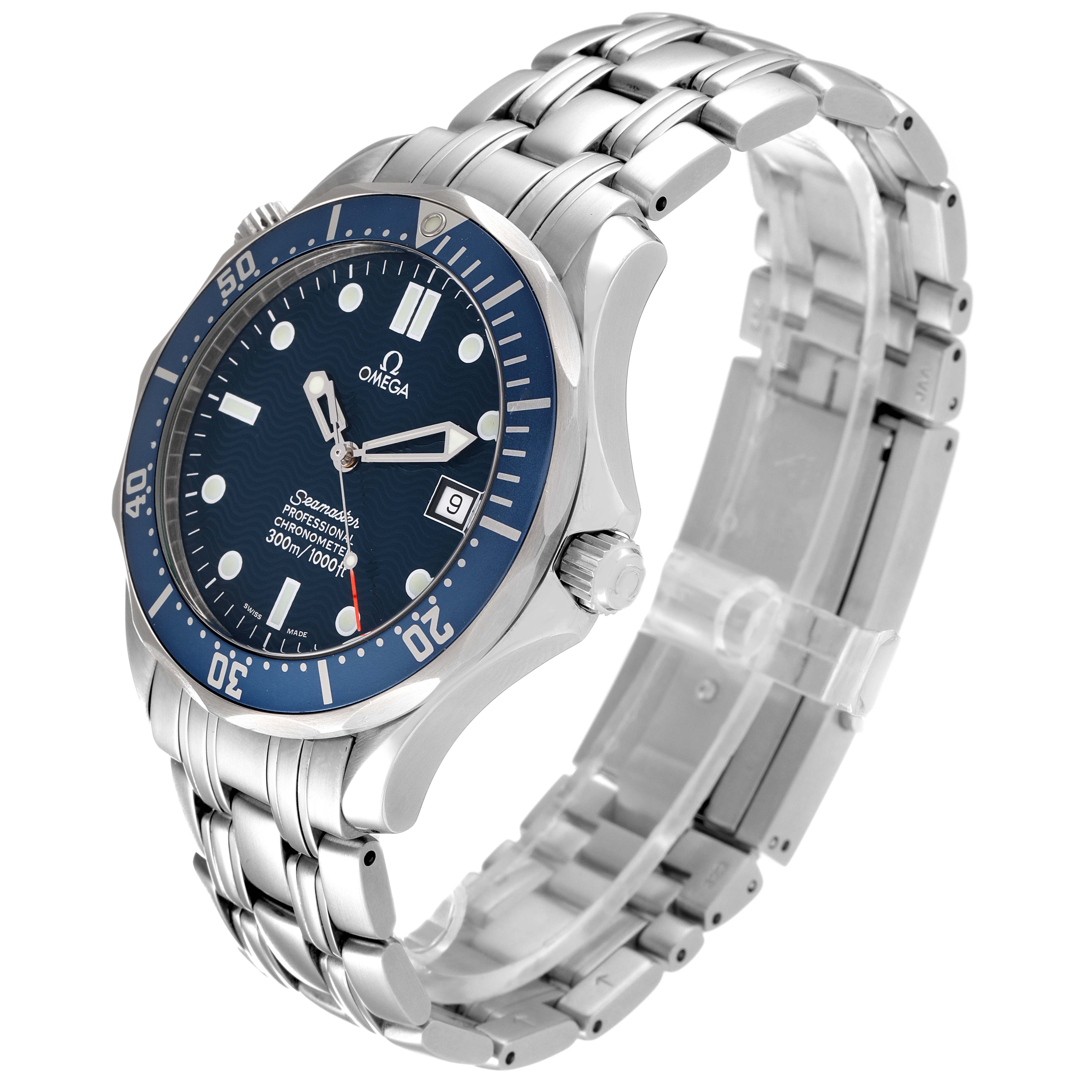 The Omega Seamaster 2531.80.00 Men's Stainless Steel Blue Dial 2531.80.00 Men's Stainless Steel Blue Dial watch is shown at an angled view, displaying the blue dial, bezel, date window, and stainless steel bracelet.