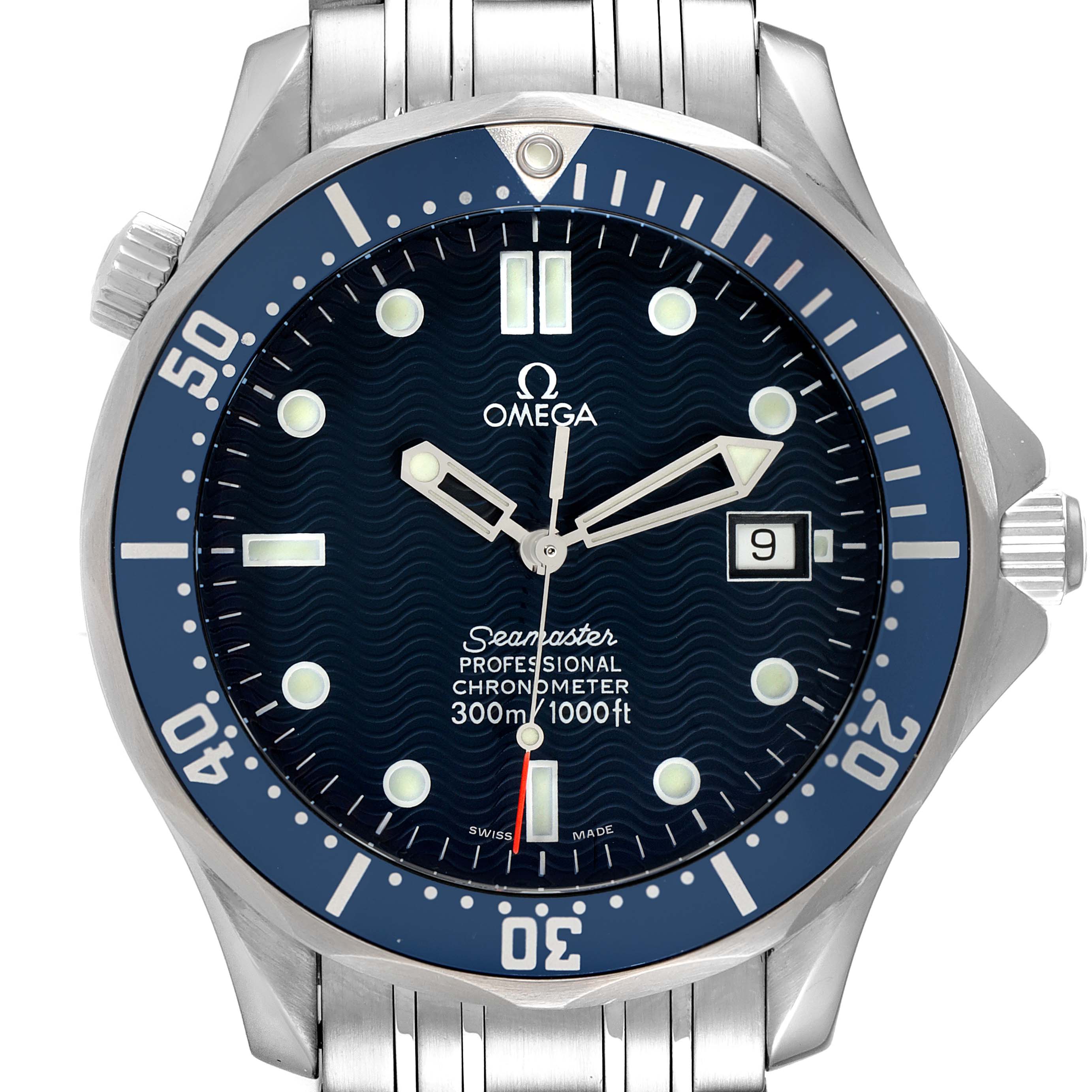 This image shows a front view of the Omega Seamaster 2531.80.00 Men's Stainless Steel Blue Dial 2531.80.00 Men's Stainless Steel Blue Dial watch, highlighting the dial, bezel, and part of the metal bracelet.