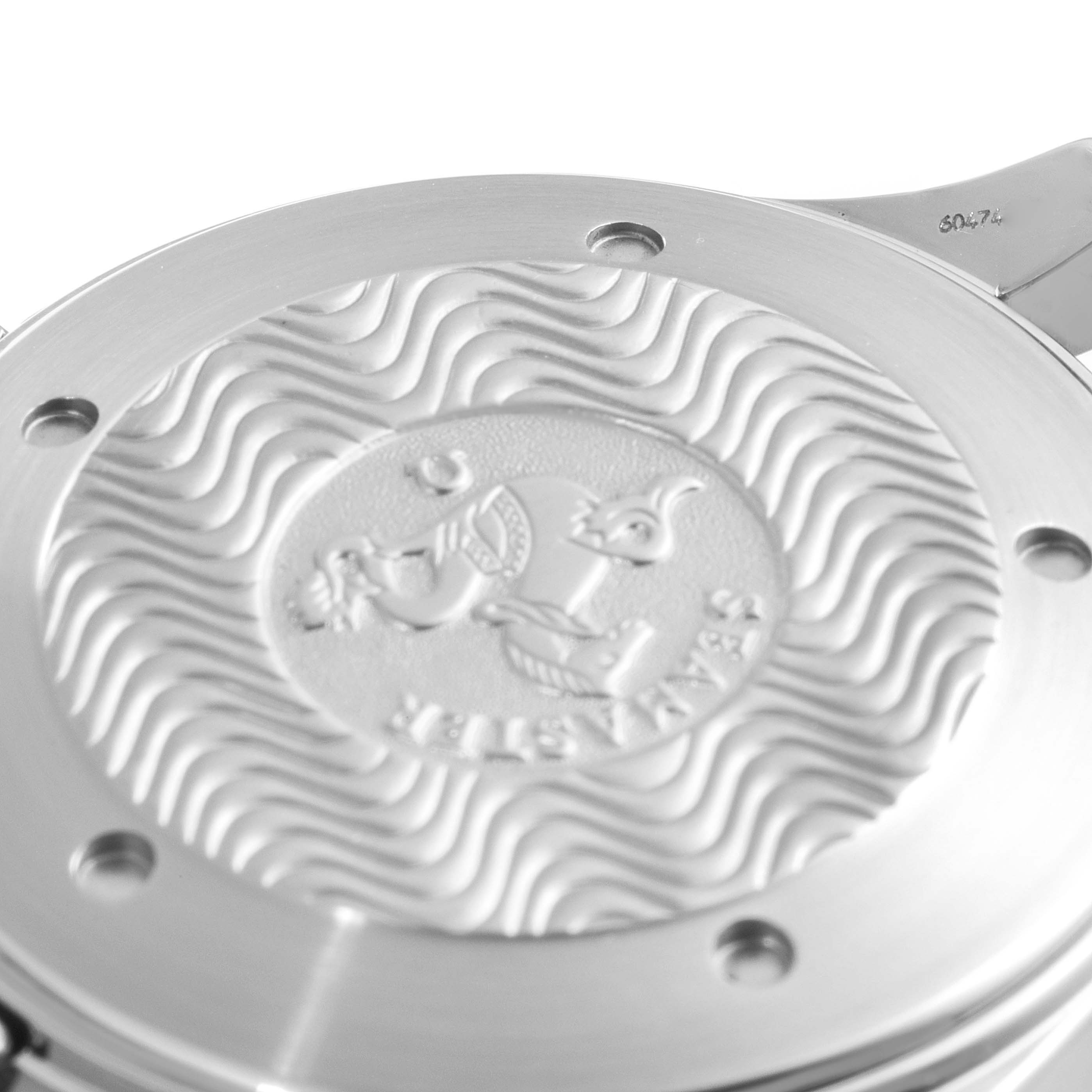 The image shows the back case of the Omega Seamaster 2531.80.00 Men's Stainless Steel Blue Dial 2531.80.00 Men's Stainless Steel Blue Dial watch, featuring its engraved logo and wave pattern.