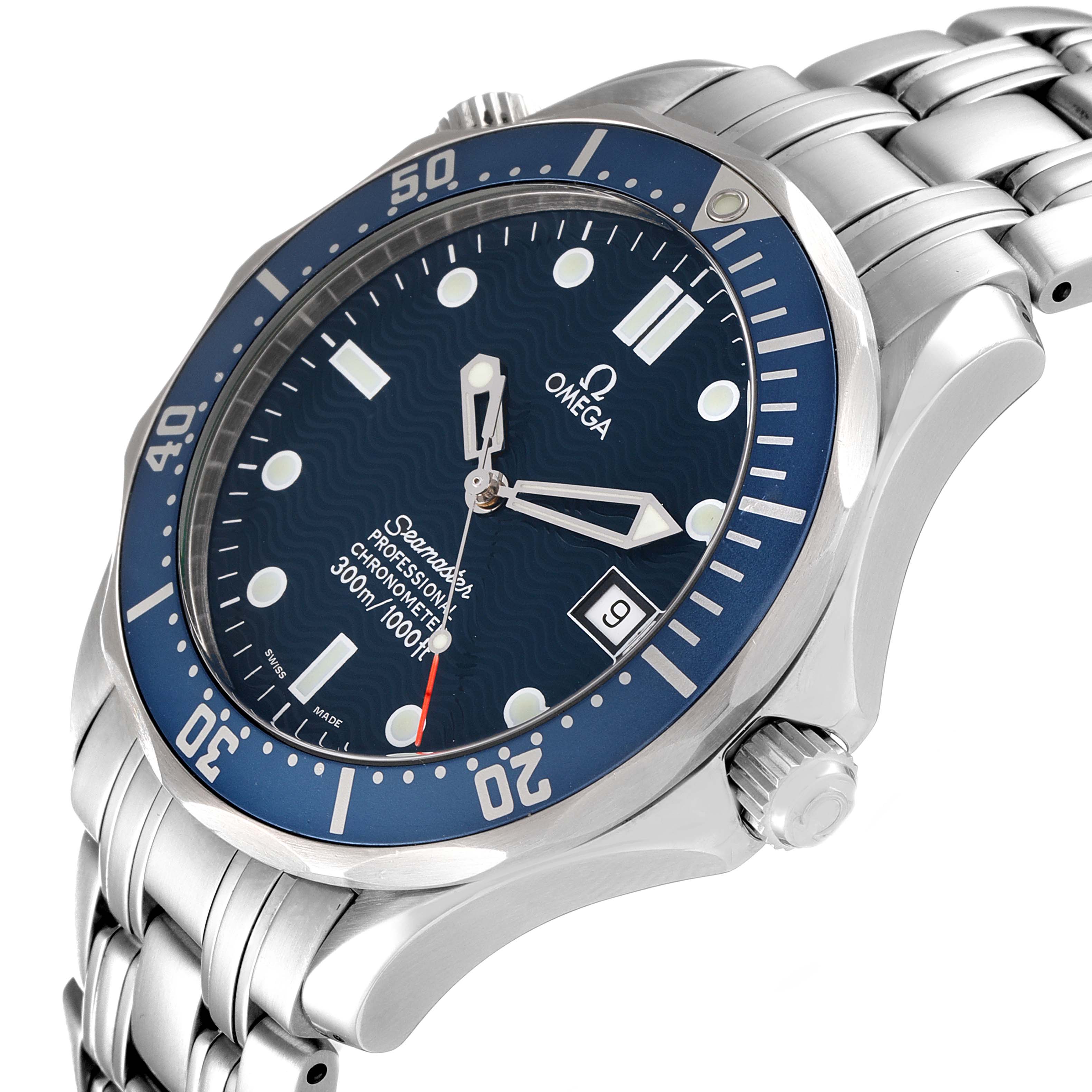The image shows an angled view of the Omega Seamaster 2531.80.00 Men's Stainless Steel Blue Dial 2531.80.00 Men's Stainless Steel Blue Dial watch, highlighting its blue dial, bezel, and metal bracelet.