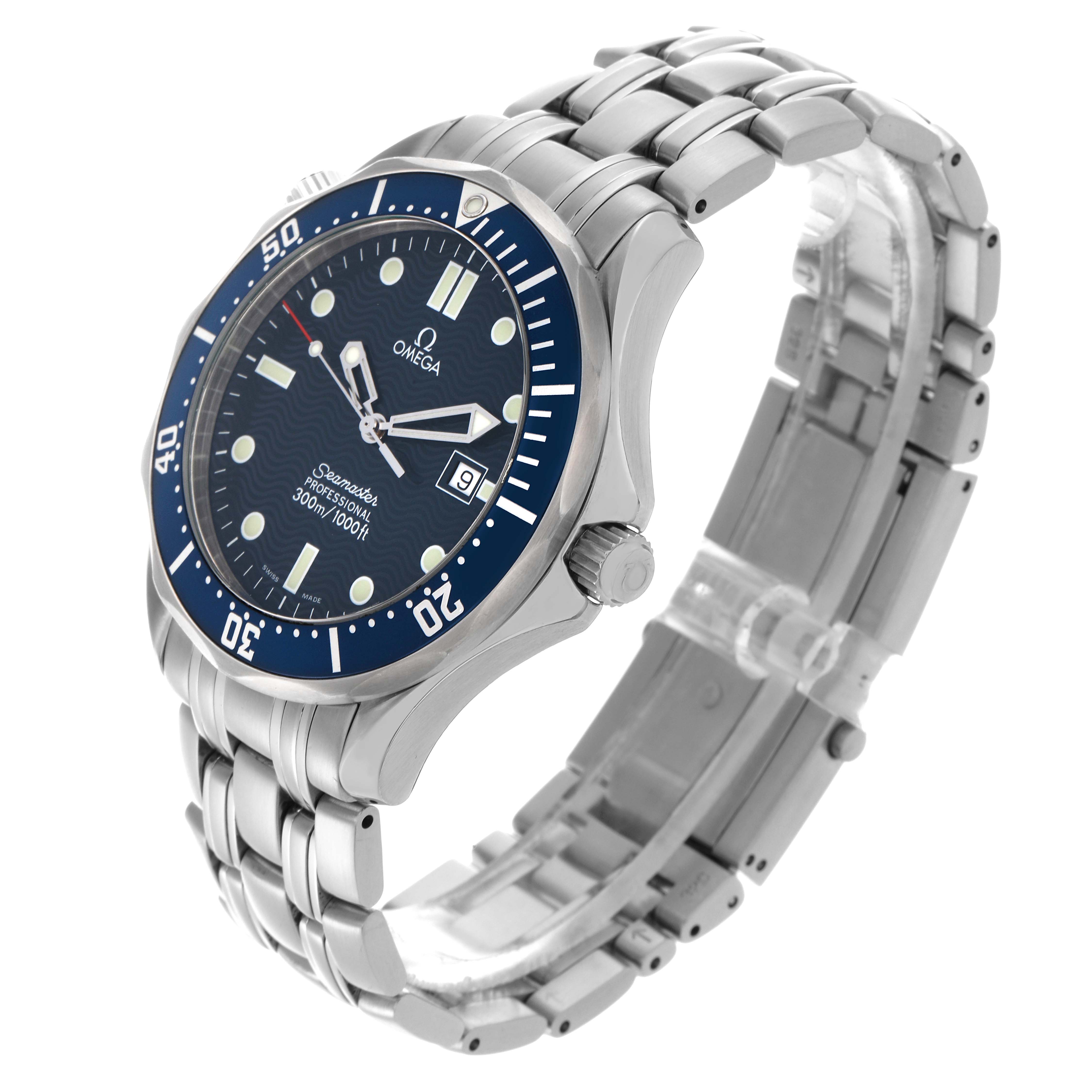 The Omega Seamaster 2541.80.00 Men's Stainless Steel Blue Dial 2541.80.00 Men's Stainless Steel Blue Dial watch is shown from a front-side angle, highlighting the bezel, dial, and bracelet.