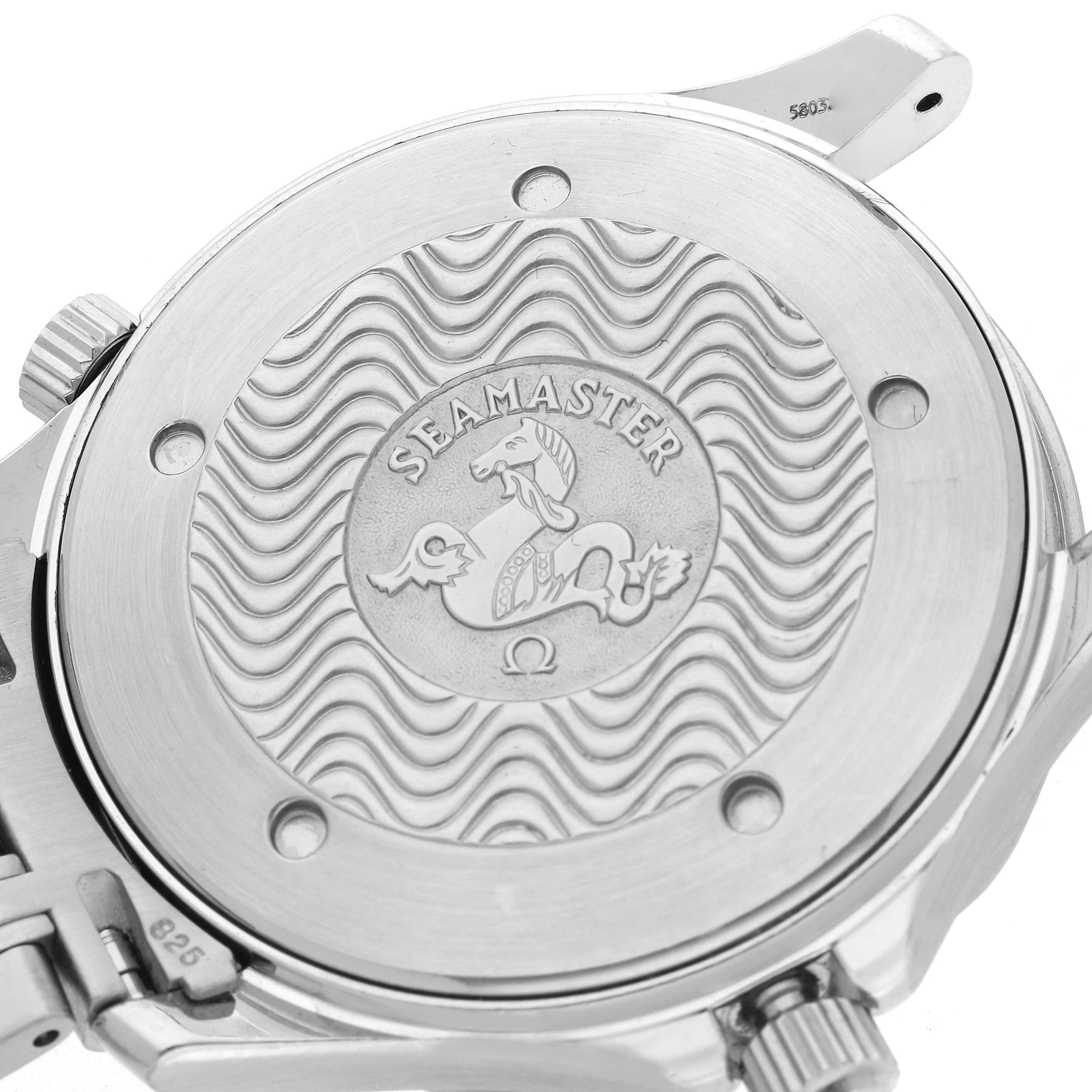 The image shows the back of an Omega Seamaster 2541.80.00 Men's Stainless Steel Blue Dial 2541.80.00 Men's Stainless Steel Blue Dial watch, displaying the engraved case back design and parts of the bracelet.