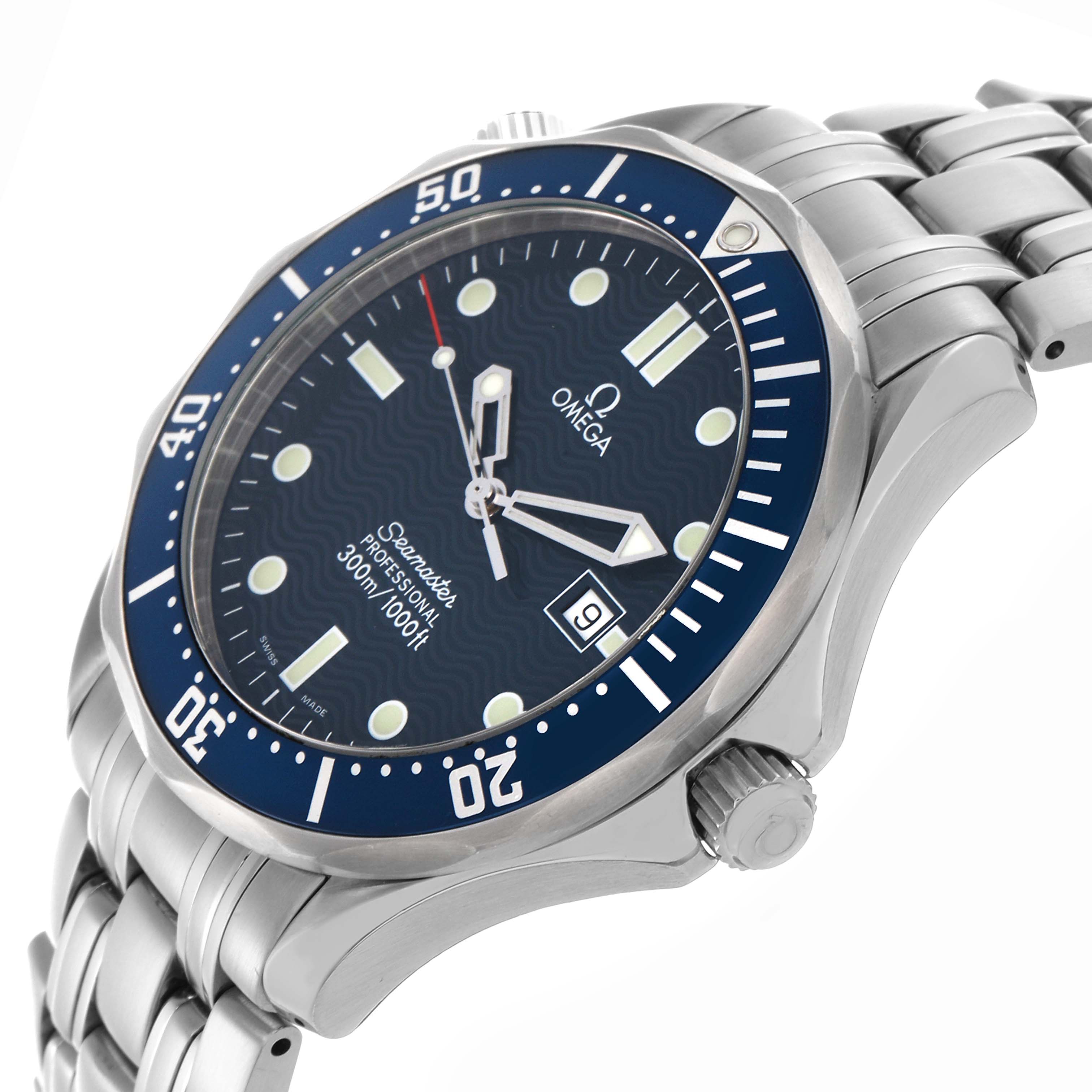 The Omega Seamaster 2541.80.00 Men's Stainless Steel Blue Dial 2541.80.00 Men's Stainless Steel Blue Dial watch is shown at an angled side view, displaying the dial, bezel, crown, and bracelet.