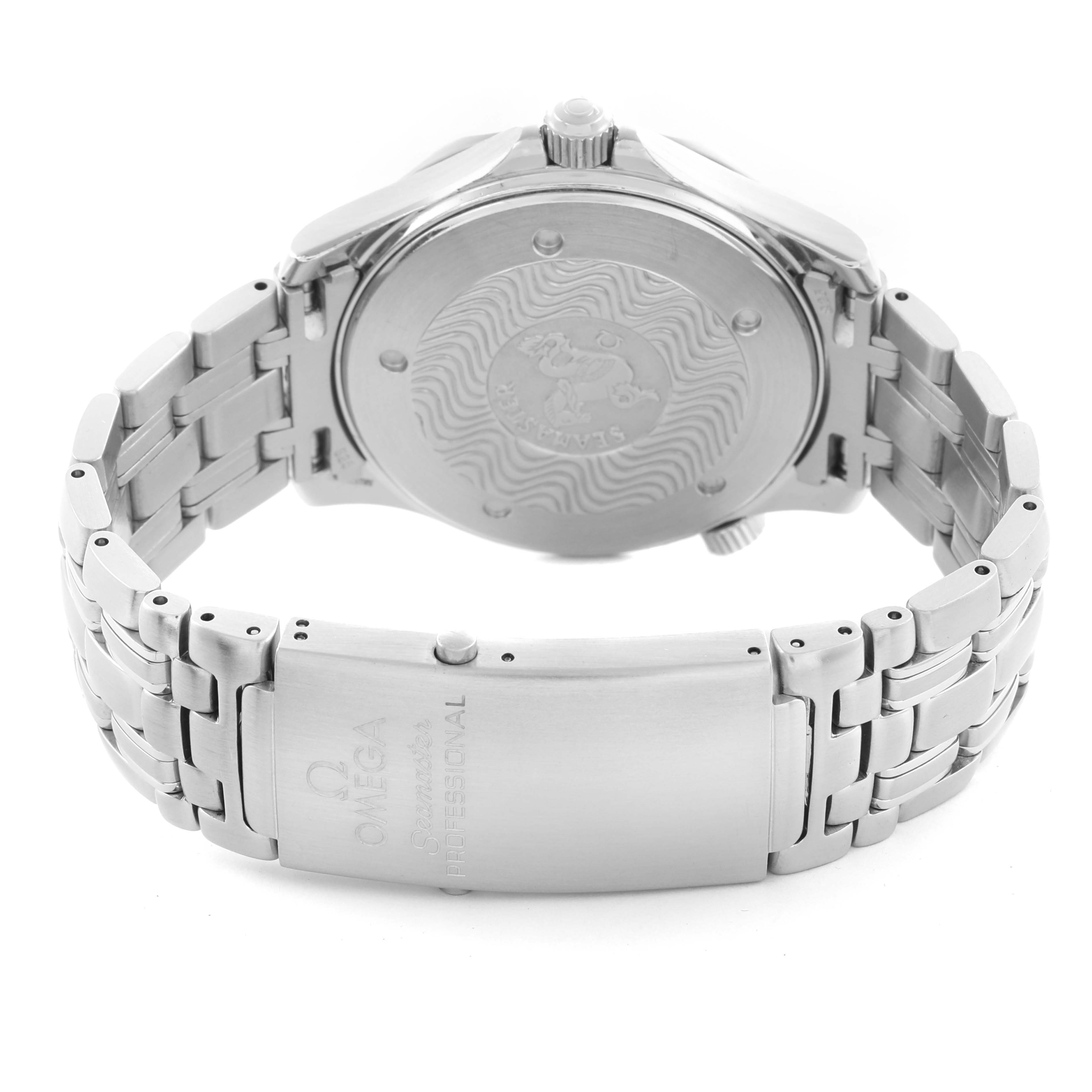 The Omega Seamaster 2541.80.00 Men's Stainless Steel Blue Dial 2541.80.00 Men's Stainless Steel Blue Dial watch is shown from the back, displaying the case back and metal bracelet with the clasp.