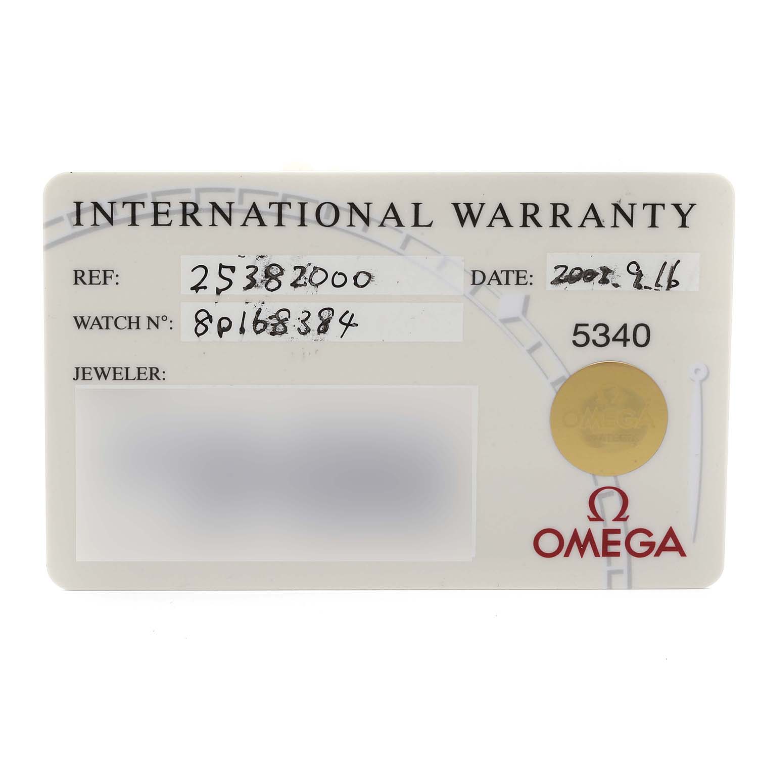 This image shows the international warranty card for an Omega Seamaster 2538.20.00 Men's Stainless Steel White Dial 2538.20.00 Men's Stainless Steel White Dial watch, displaying the reference number, watch number, and date.