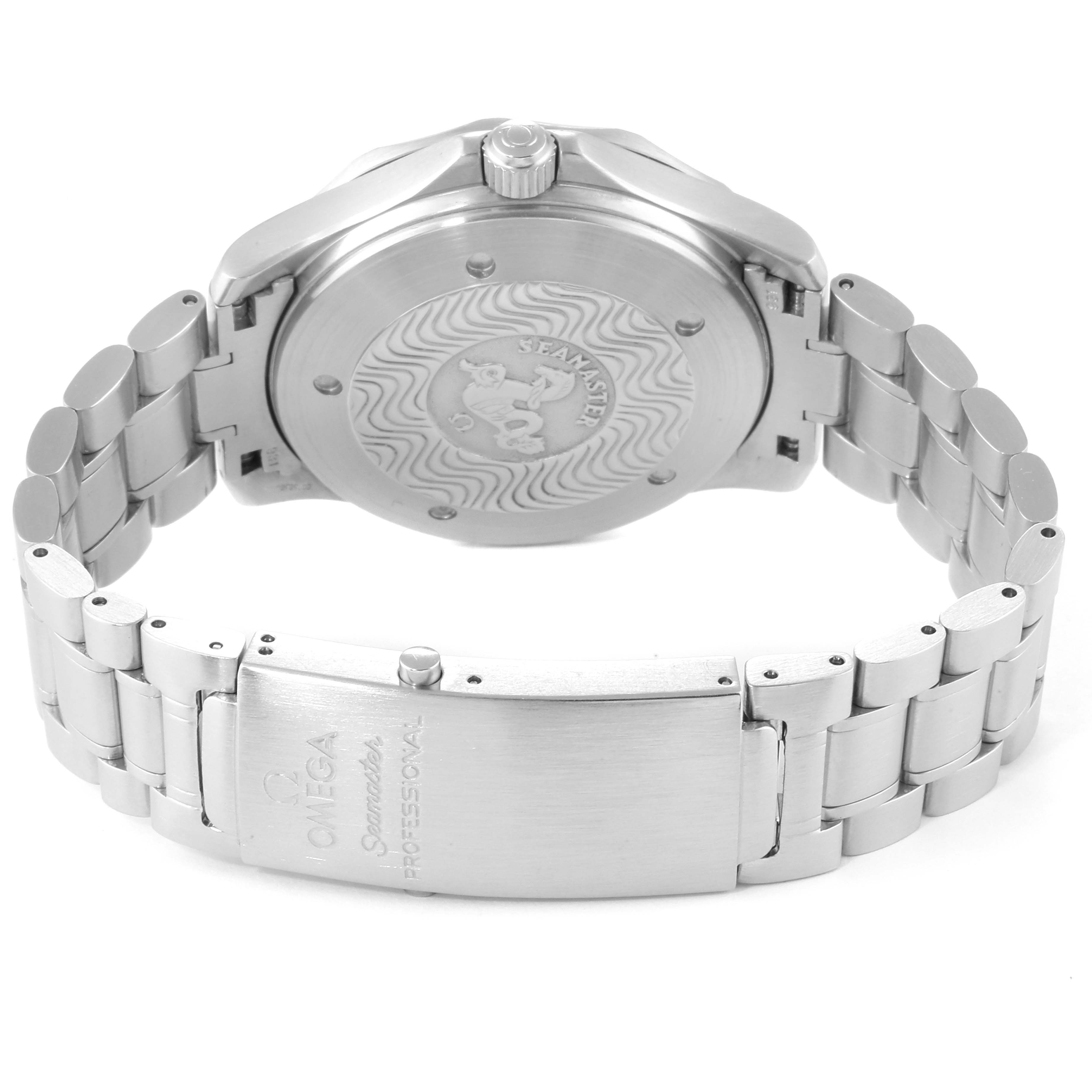 This image shows the back of an Omega Seamaster 2538.20.00 Men's Stainless Steel White Dial 2538.20.00 Men's Stainless Steel White Dial watch, focusing on the case back and stainless steel bracelet.
