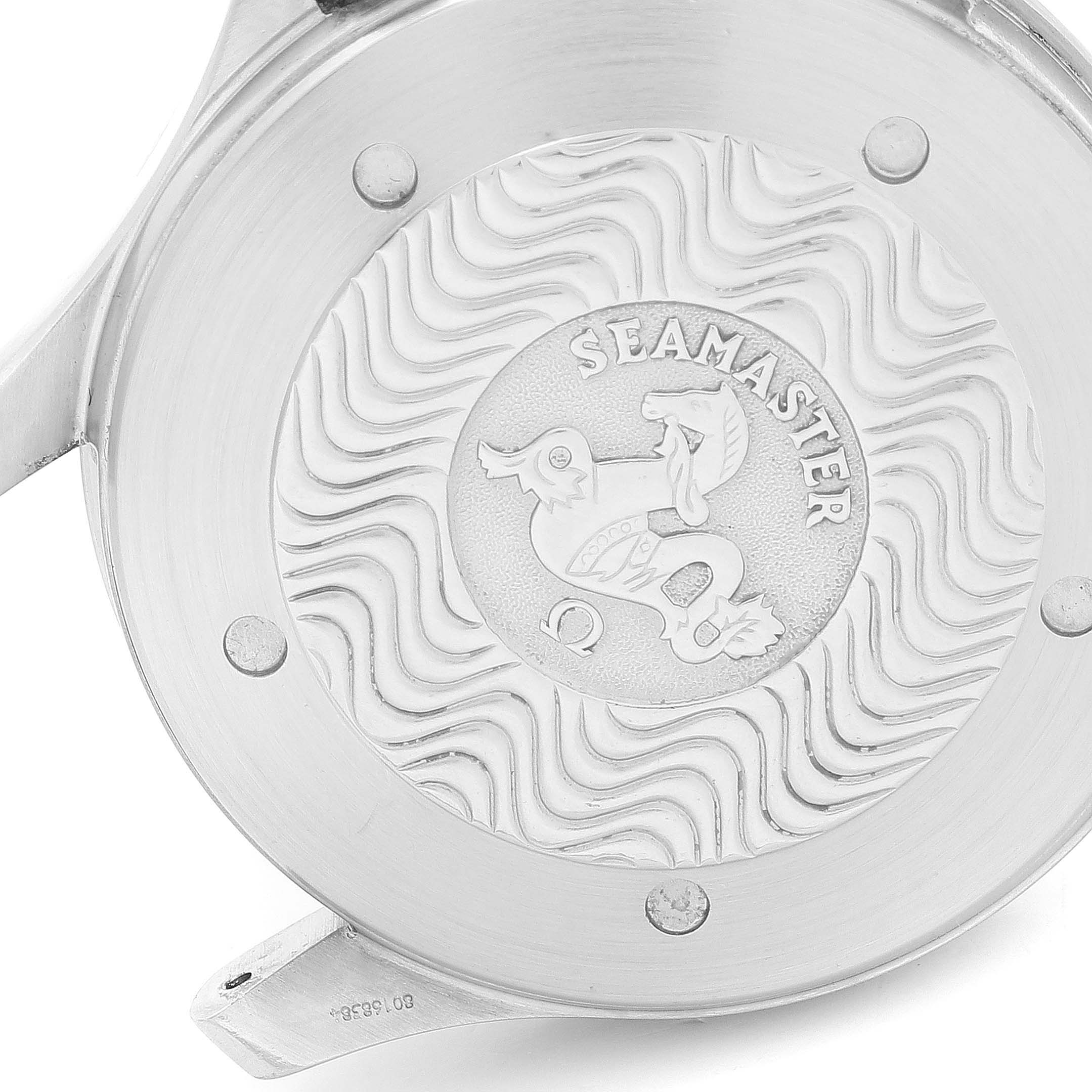 This image shows the back case of an Omega Seamaster 2538.20.00 Men's Stainless Steel White Dial 2538.20.00 Men's Stainless Steel White Dial watch, featuring its engraved design and branding.