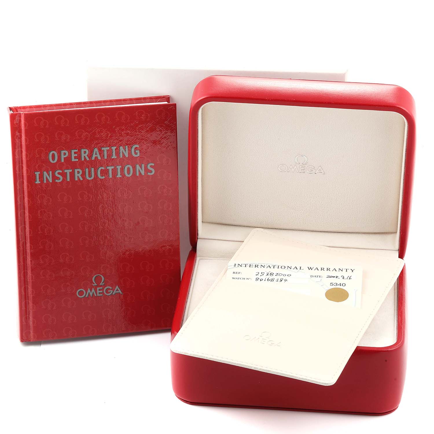 The image shows an Omega Seamaster 2538.20.00 Men's Stainless Steel White Dial 2538.20.00 Men's Stainless Steel White Dial watch box, warranty card, and operating instructions booklet from a front angle.