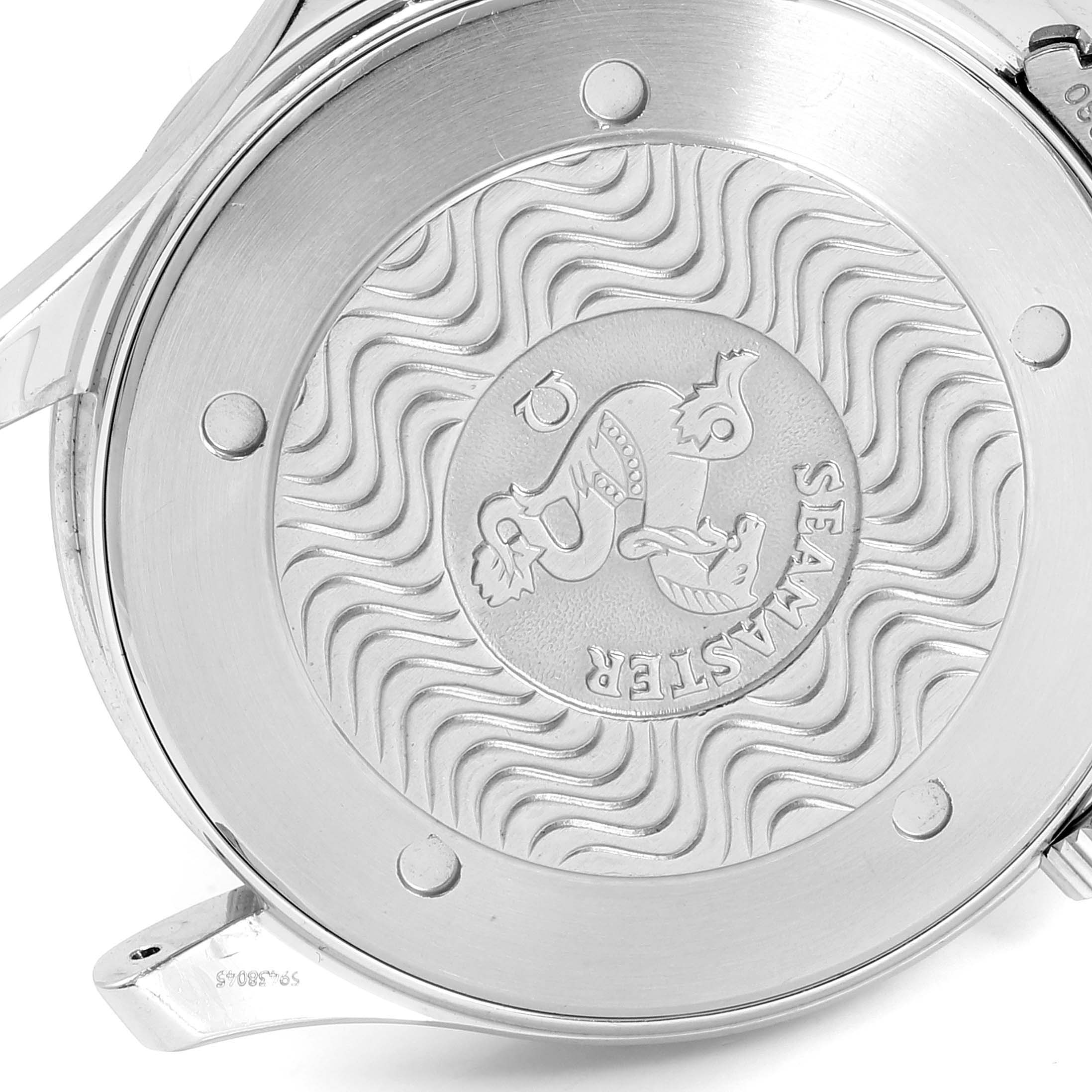 This image shows the case back of an Omega Seamaster 2264.50.00 Men
s Stainless Steel Black Dial 2264.50.00 Men
s Stainless Steel Black Dial watch with its engraved design.