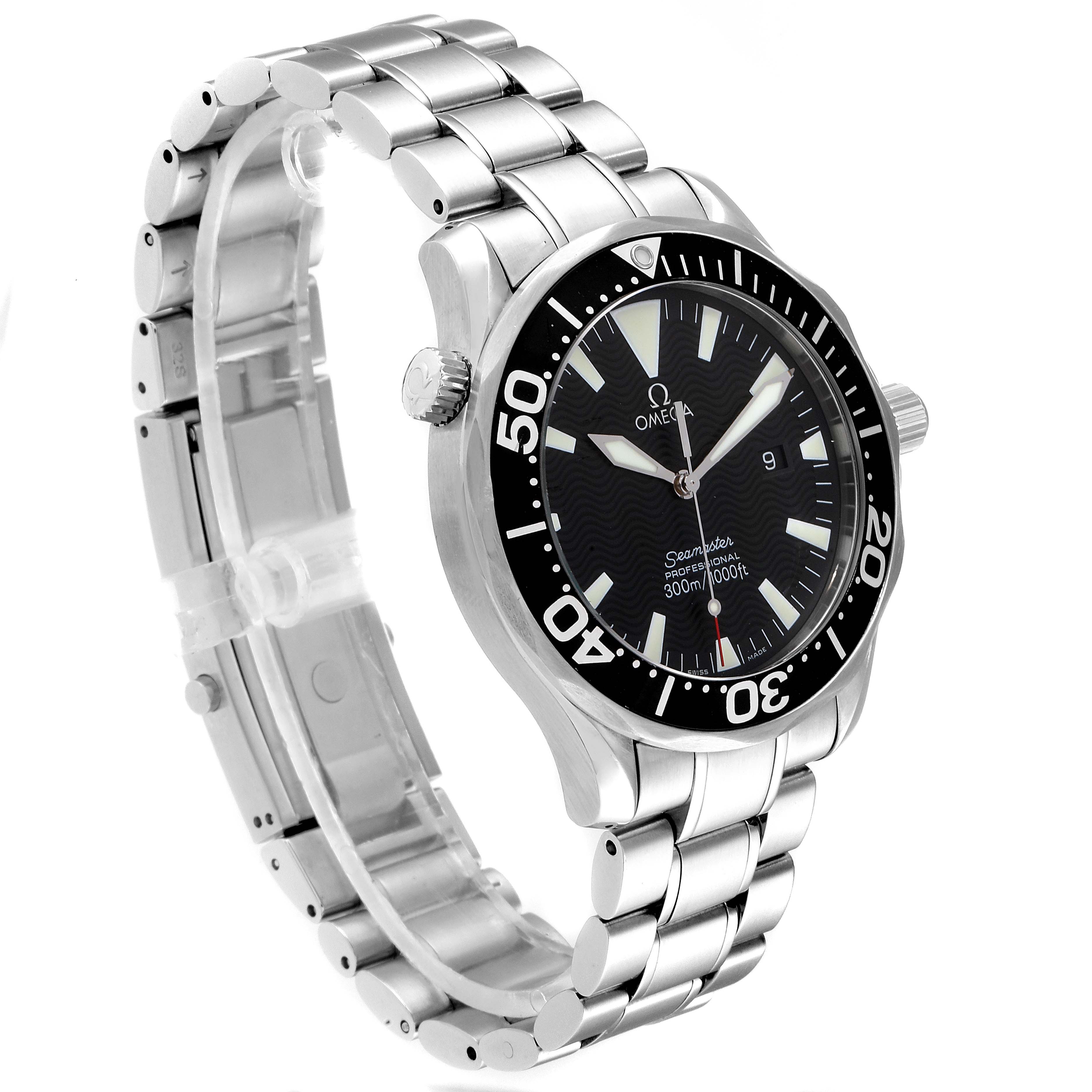 The Omega Seamaster 2264.50.00 Men
s Stainless Steel Black Dial 2264.50.00 Men
s Stainless Steel Black Dial watch is shown at an angle, displaying its face, bezel, crown, and metal bracelet.