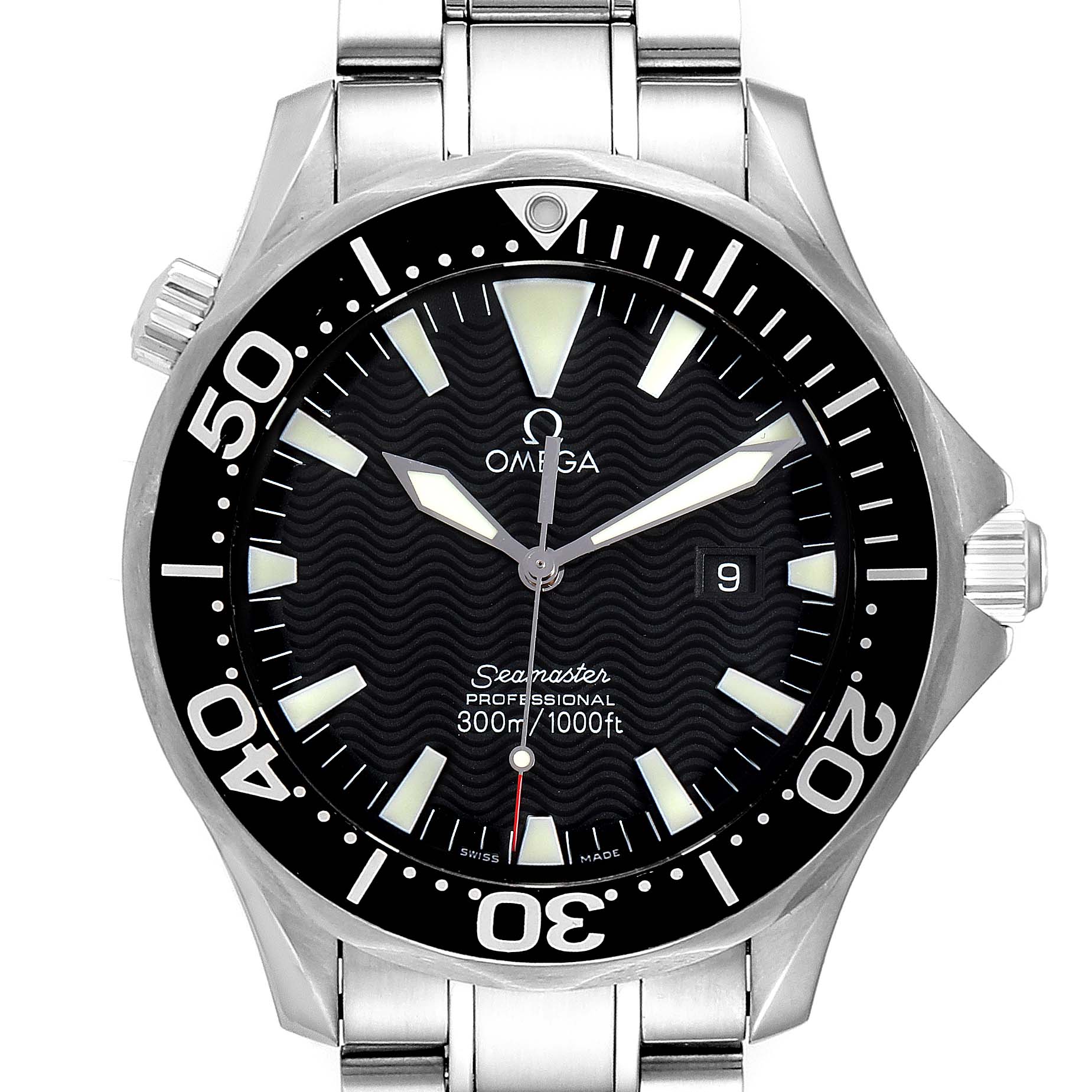 This Omega Seamaster 2264.50.00 Men
s Stainless Steel Black Dial 2264.50.00 Men
s Stainless Steel Black Dial watch is pictured from the front, showcasing its black dial, bezel, and stainless steel bracelet.