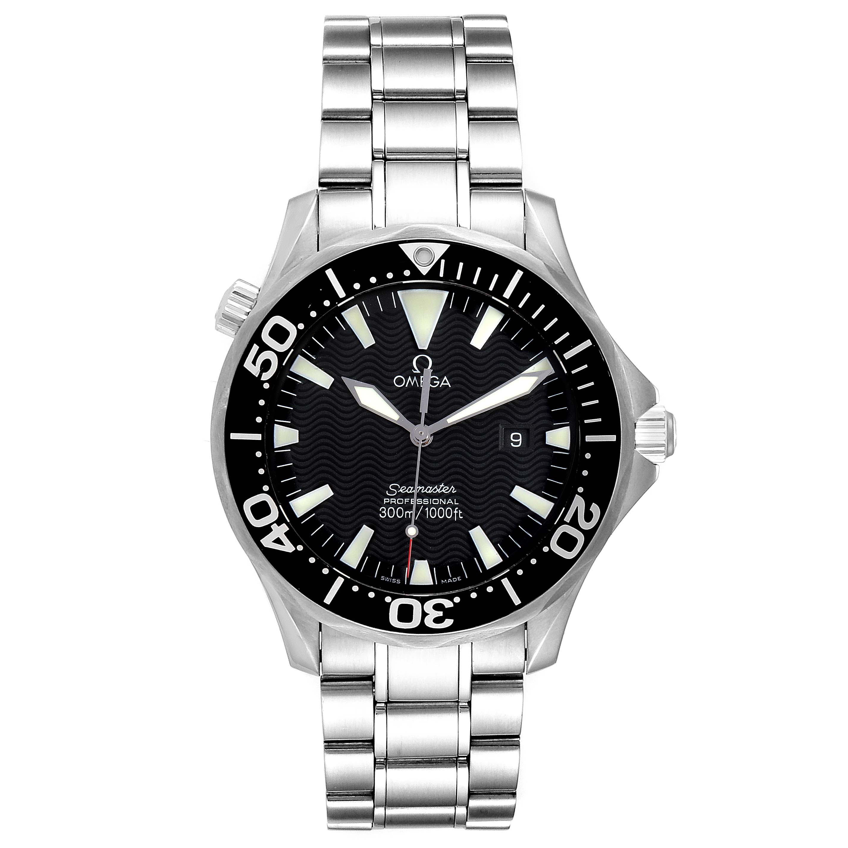 This image shows a front view of an Omega Seamaster 2264.50.00 Men
s Stainless Steel Black Dial 2264.50.00 Men
s Stainless Steel Black Dial watch, displaying its dial, bezel, and stainless steel bracelet.