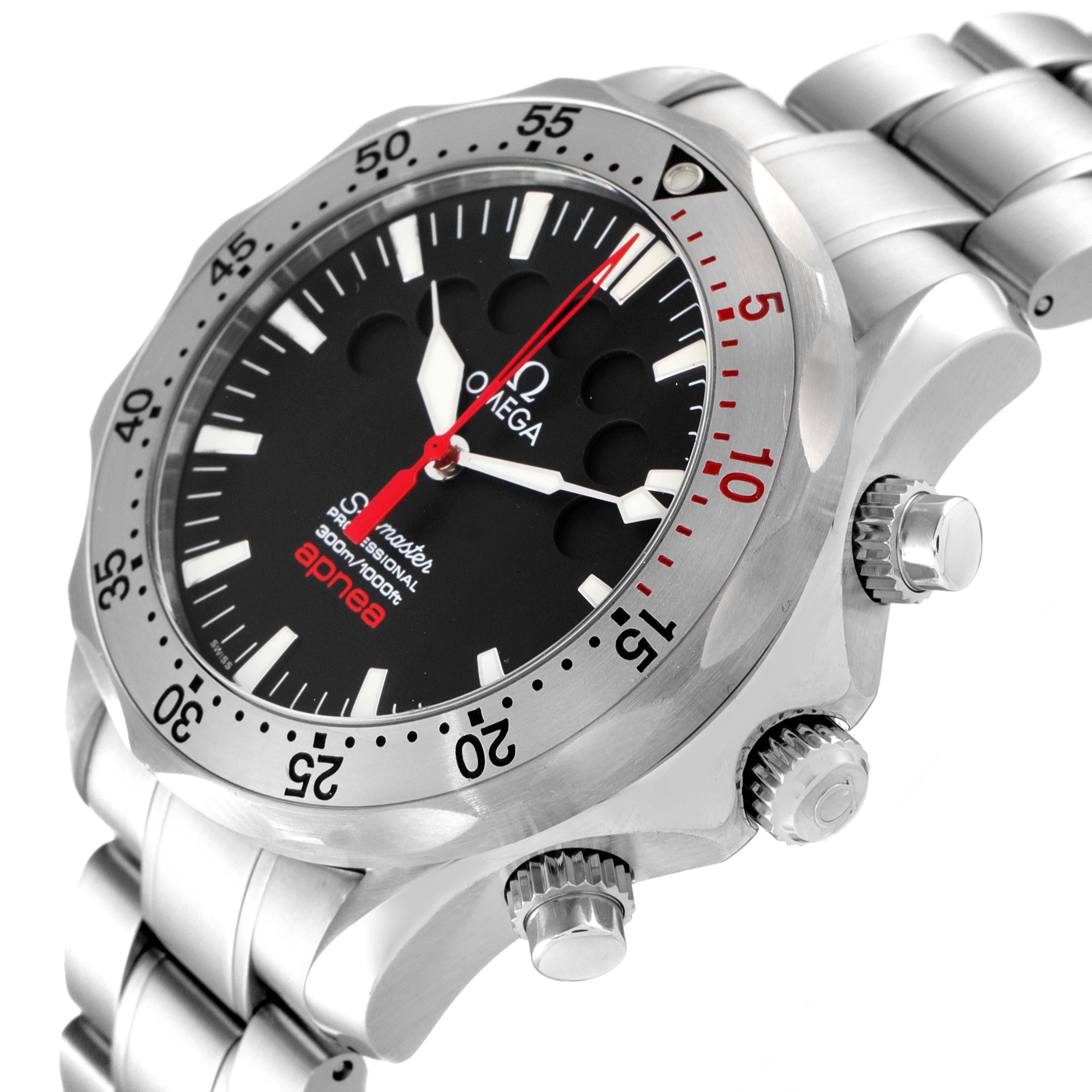 The Omega Seamaster 2595.50.00 Men's Stainless Steel Black Dial 2595.50.00 Men's Stainless Steel Black Dial watch is shown from an angled close-up, detailing the bezel, black dial, crown, and stainless steel bracelet.