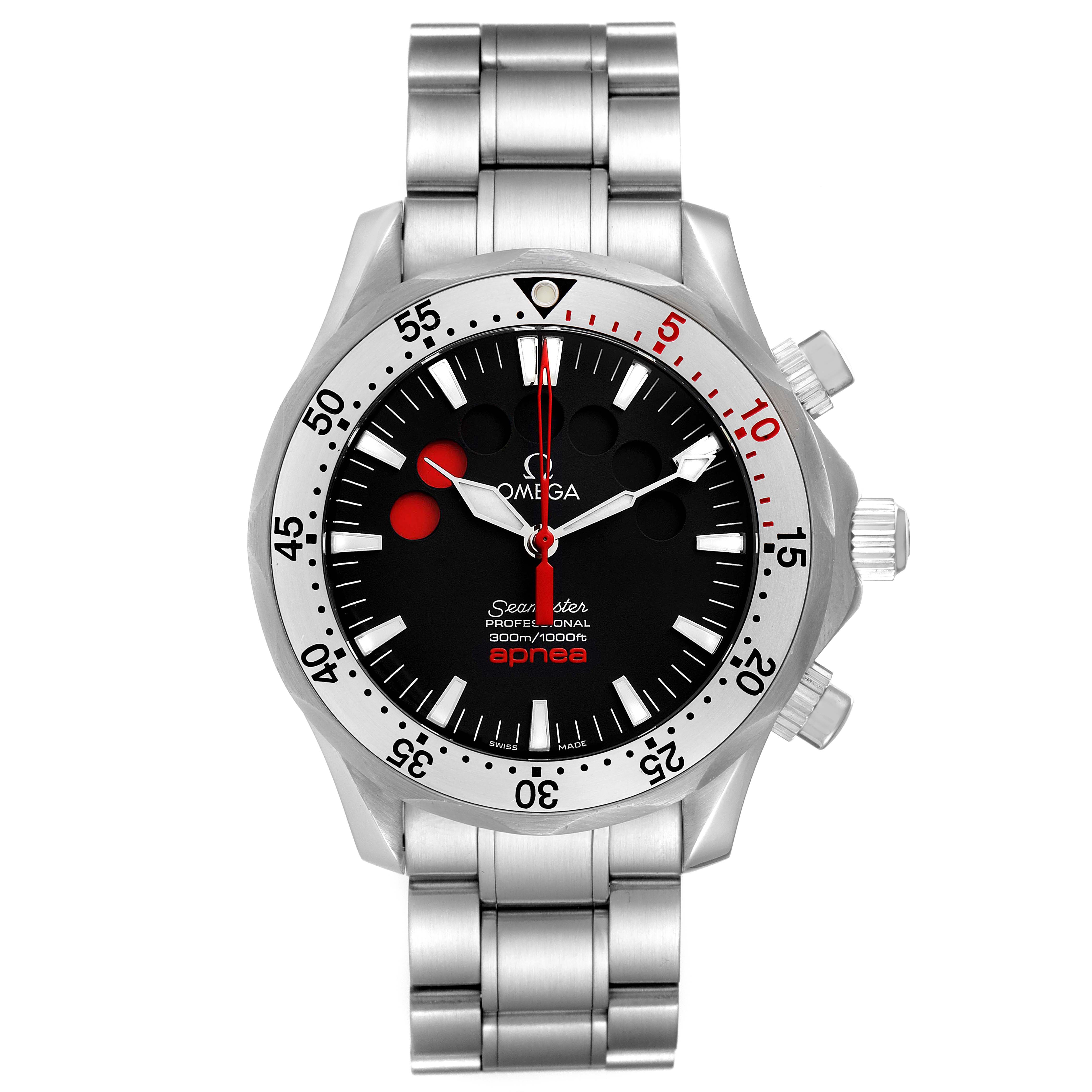 This image shows the front view of an Omega Seamaster 2595.50.00 Men's Stainless Steel Black Dial 2595.50.00 Men's Stainless Steel Black Dial Apnea watch, featuring its bezel, dial, and stainless steel bracelet.