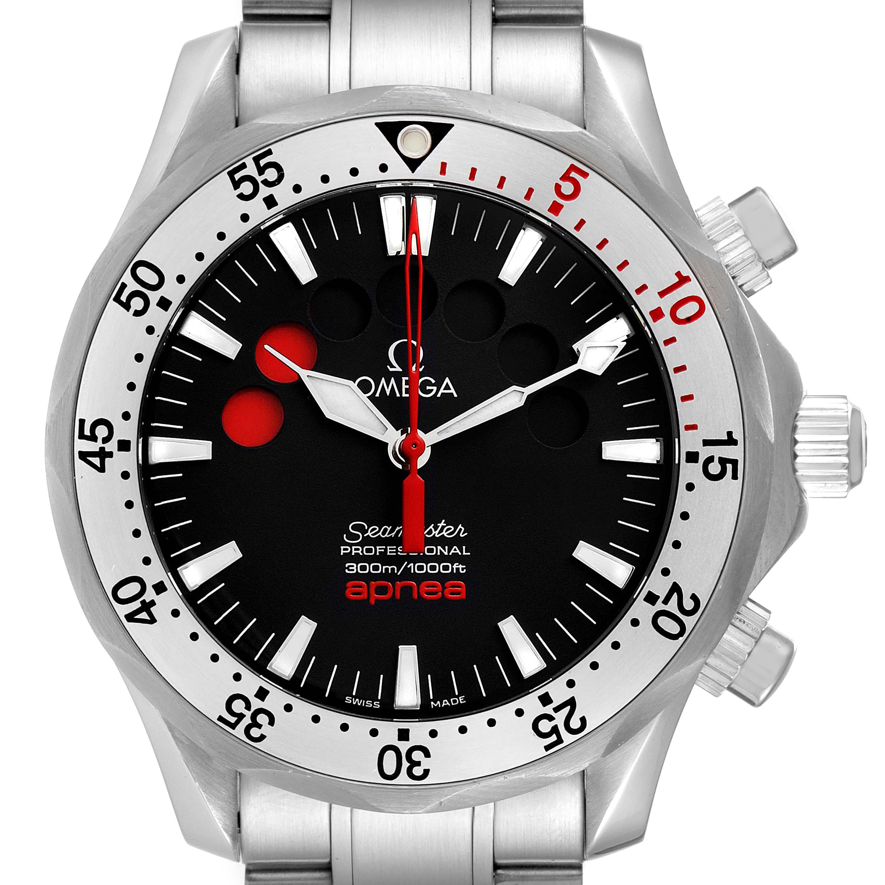 The image shows a front view of the Omega Seamaster 2595.50.00 Men's Stainless Steel Black Dial 2595.50.00 Men's Stainless Steel Black Dial watch, highlighting its face, bezel, and crown.
