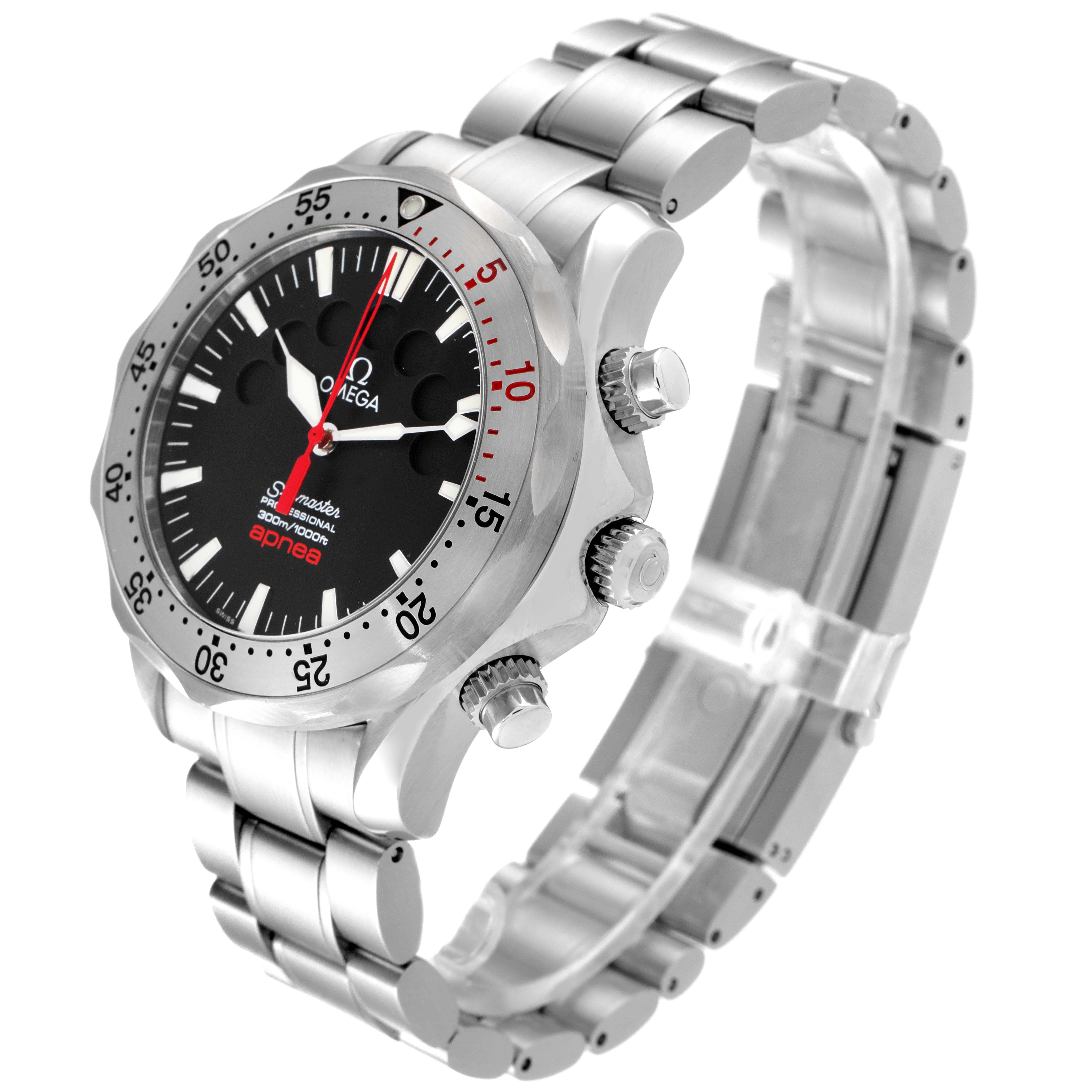 The Omega Seamaster 2595.50.00 Men's Stainless Steel Black Dial 2595.50.00 Men's Stainless Steel Black Dial watch is shown at a three-quarter angle, highlighting the face, bezel, crown, and stainless steel bracelet.