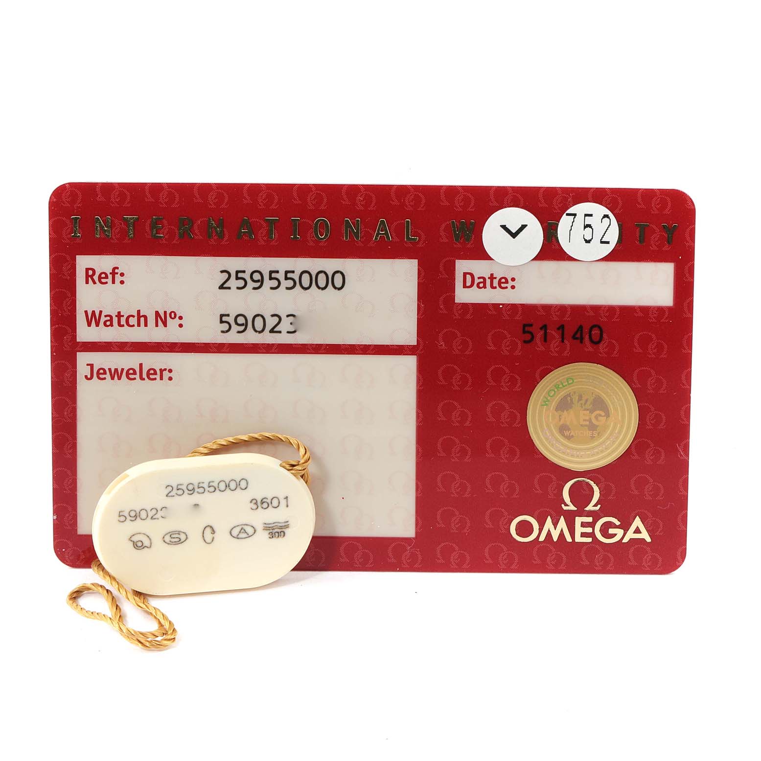 The image shows the warranty card and tag for an Omega Seamaster 2595.50.00 Men's Stainless Steel Black Dial 2595.50.00 Men's Stainless Steel Black Dial watch, including reference and watch numbers.