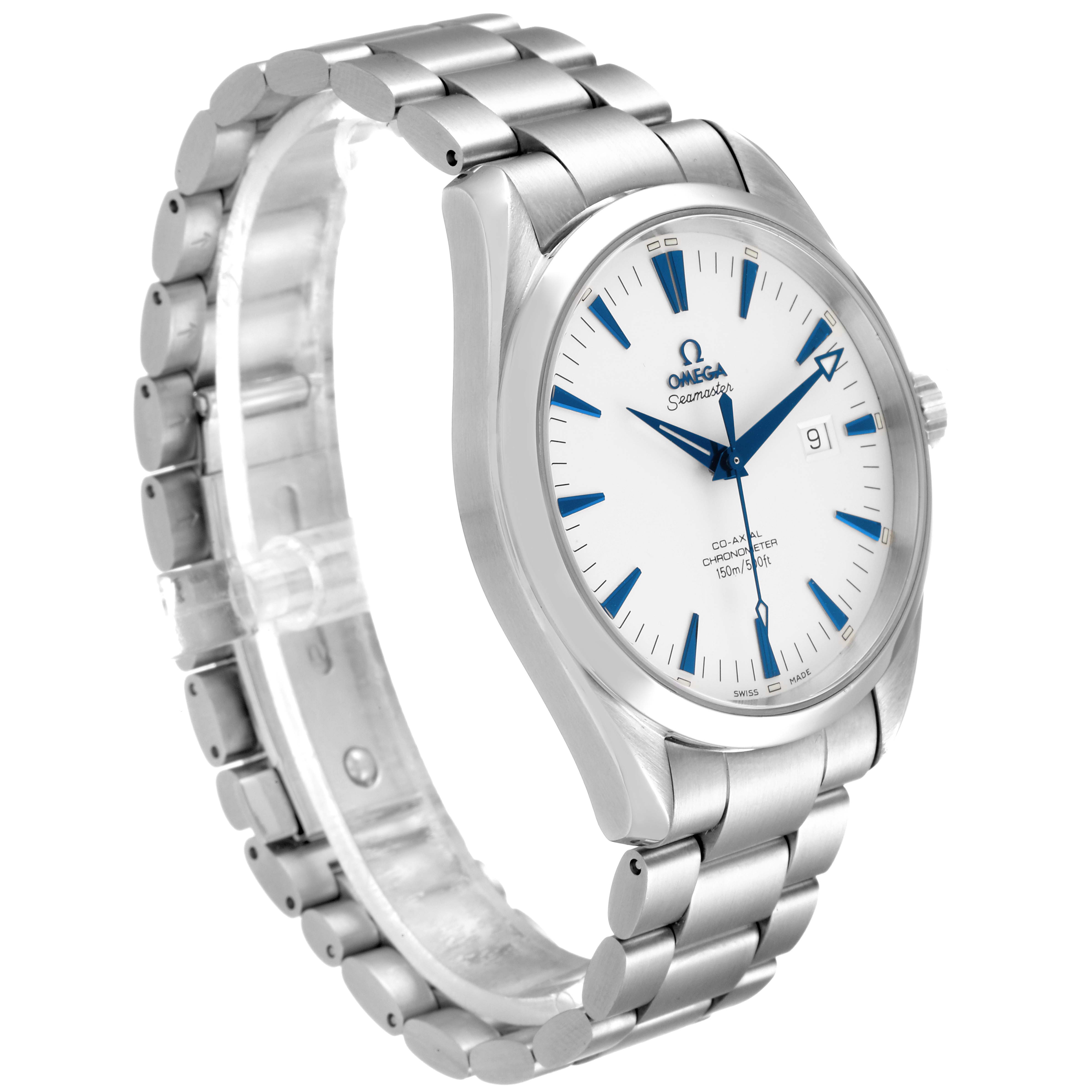 The image shows an Omega Aqua Terra 2502.33.00 Men
s Stainless Steel Silver Dial 2502.33.00 Men
s Stainless Steel Silver Dial watch from a three-quarter angle, displaying the face, dial, and bracelet.