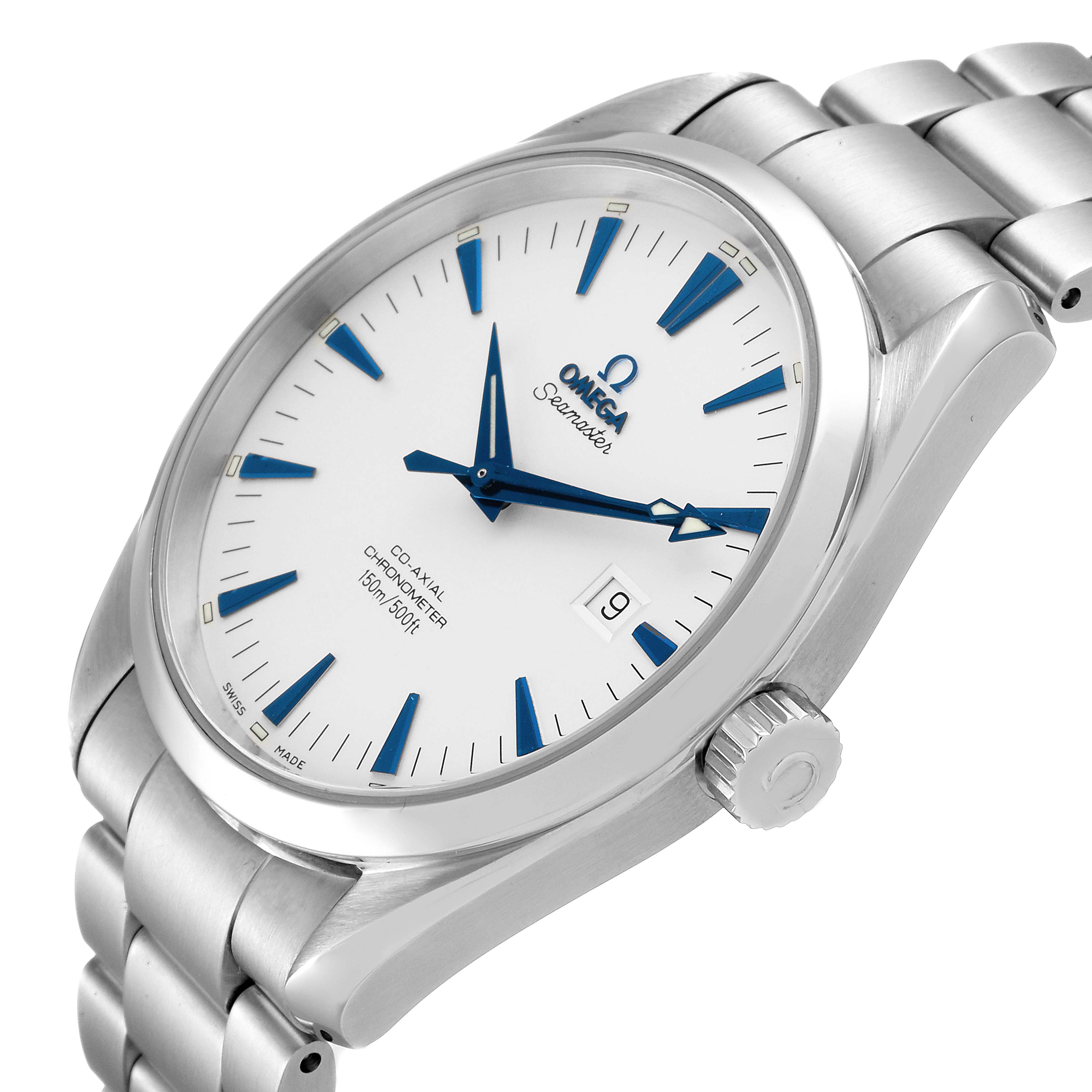 The image shows an Omega Aqua Terra 2502.33.00 Men
s Stainless Steel Silver Dial 2502.33.00 Men
s Stainless Steel Silver Dial watch at a slight angle, highlighting the face, bezel, crown, and bracelet.