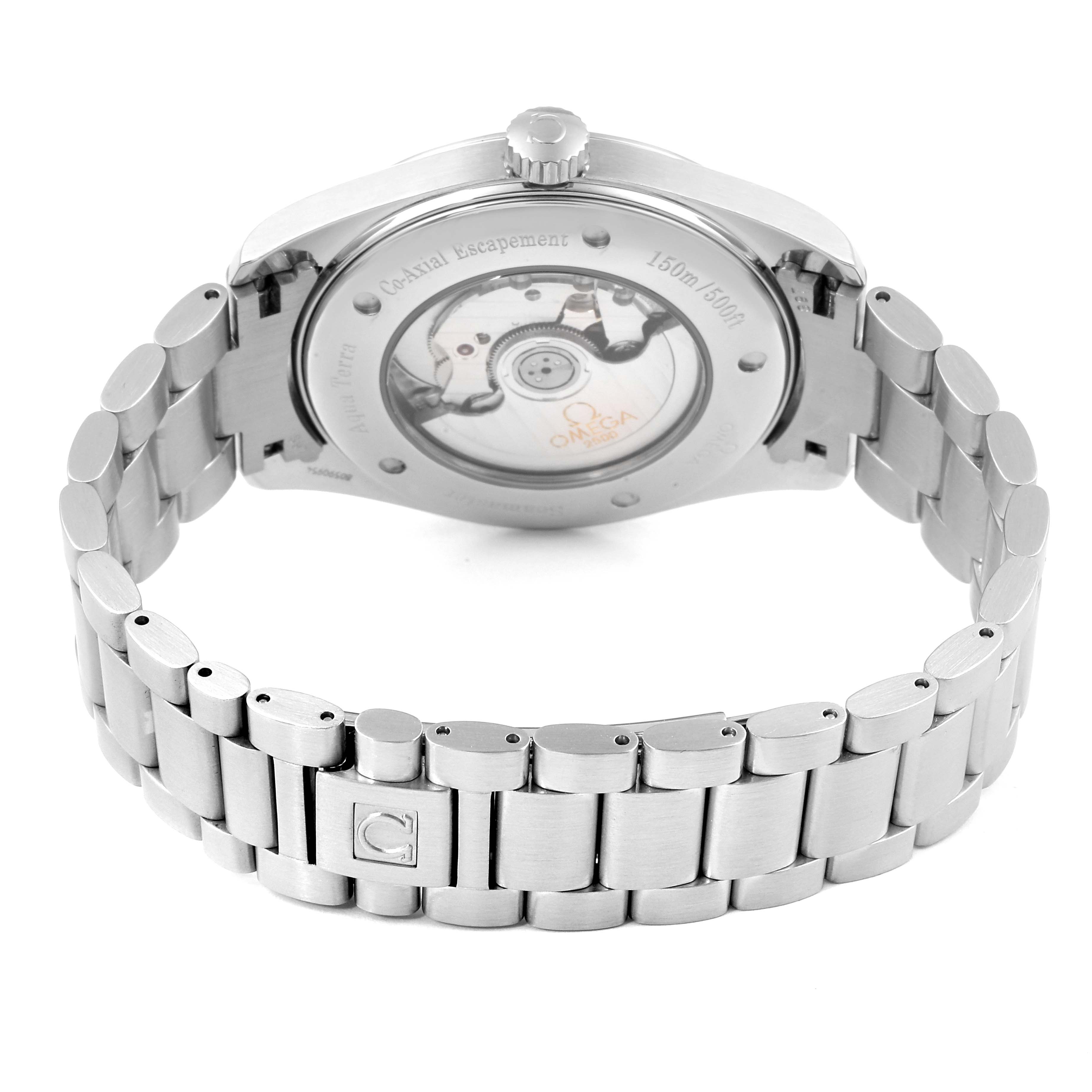 This image shows the back view of the Omega Aqua Terra 2502.33.00 Men
s Stainless Steel Silver Dial 2502.33.00 Men
s Stainless Steel Silver Dial model, highlighting the case back and metal bracelet clasp.