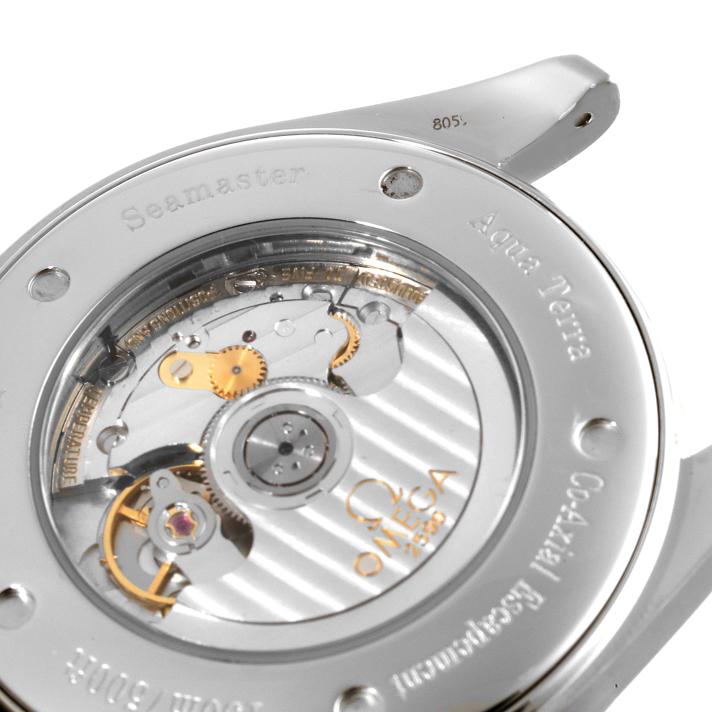 This image shows a close-up of the back of an Omega Aqua Terra 2502.33.00 Men
s Stainless Steel Silver Dial 2502.33.00 Men
s Stainless Steel Silver Dial watch, revealing the movement and internal mechanisms.