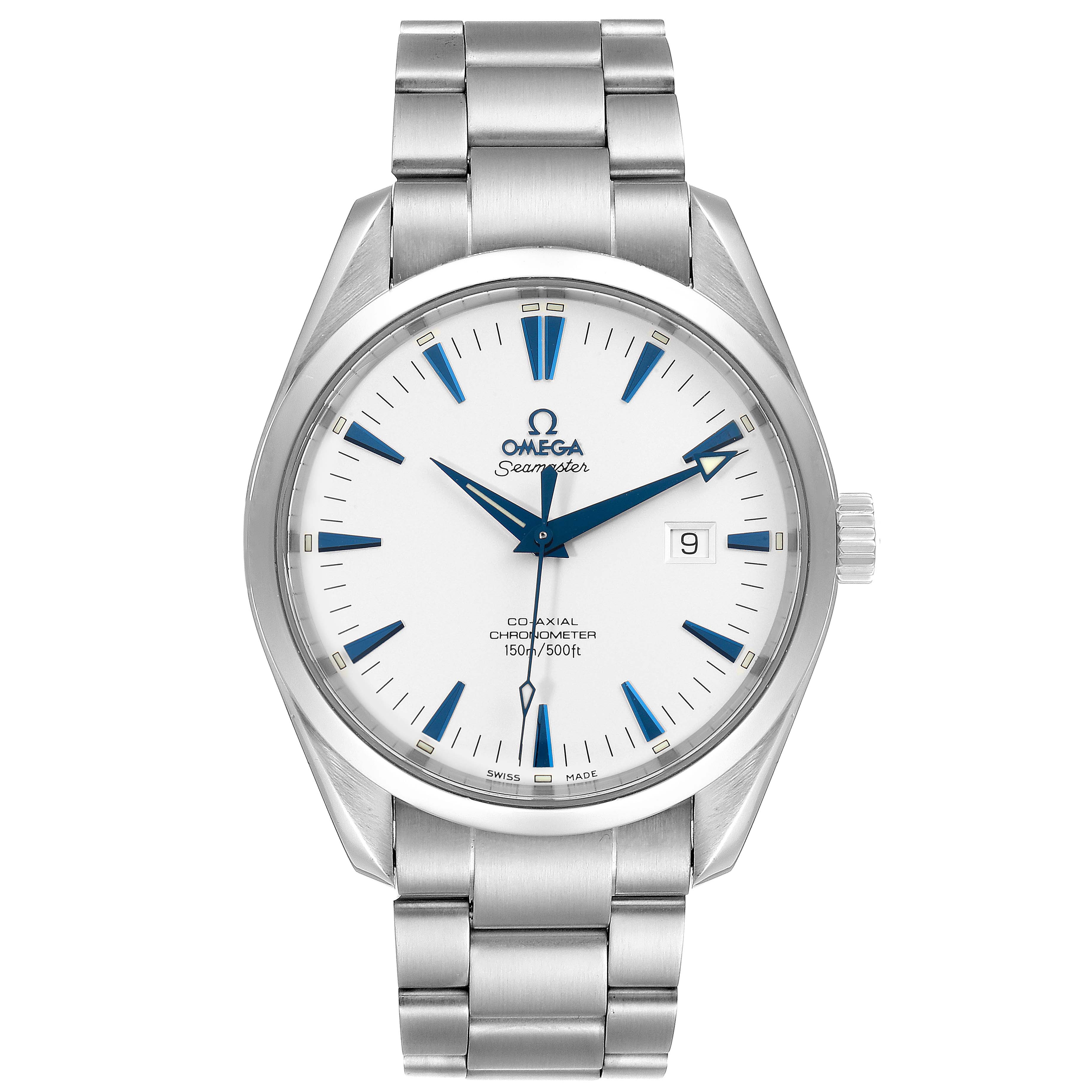 The Omega Aqua Terra 2502.33.00 Men
s Stainless Steel Silver Dial 2502.33.00 Men
s Stainless Steel Silver Dial watch is shown from the front, displaying the face, hands, date window, and stainless steel bracelet.