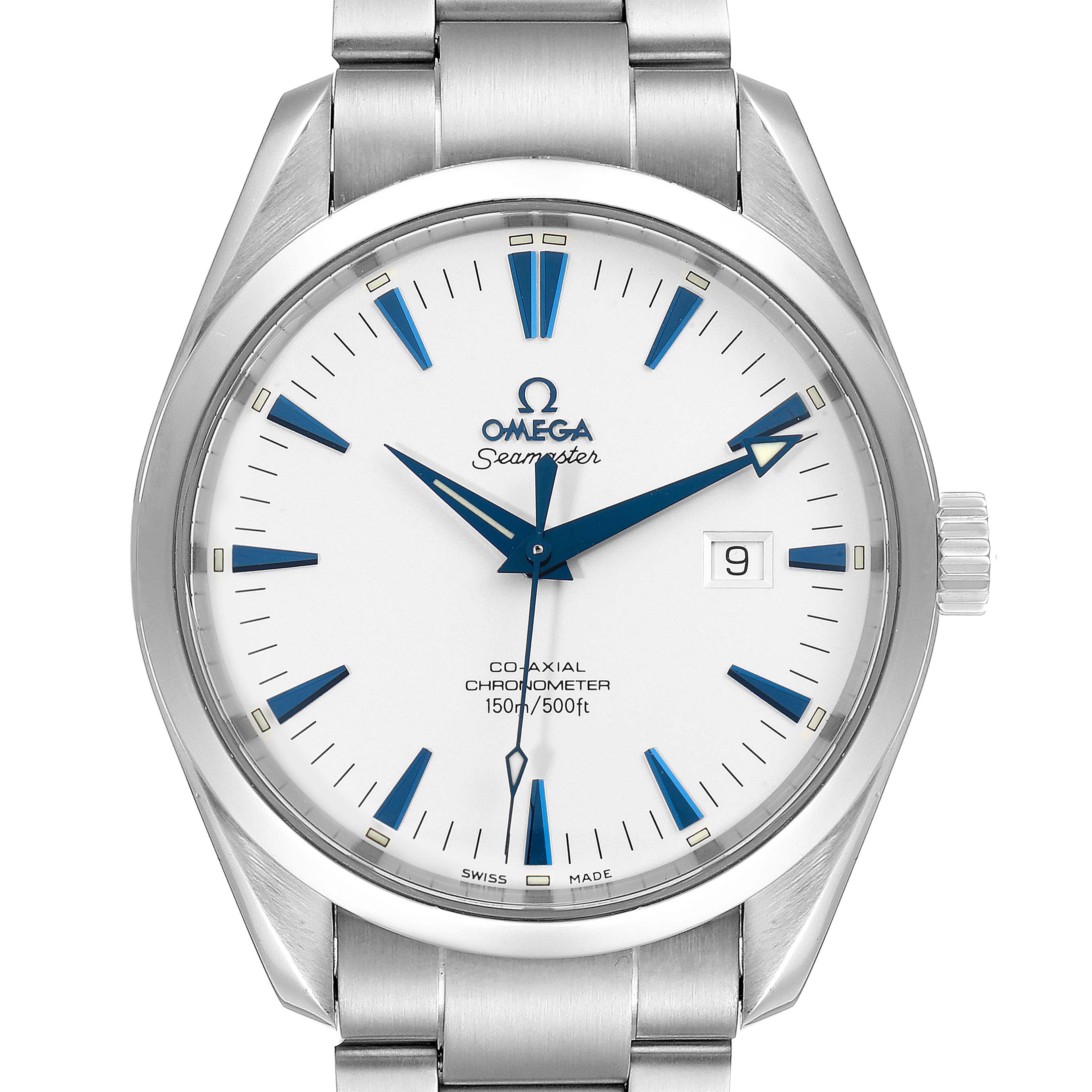 The Omega Aqua Terra 2502.33.00 Men
s Stainless Steel Silver Dial 2502.33.00 Men
s Stainless Steel Silver Dial watch is shown from a front angle, displaying its dial, hands, markers, date window, and bracelet.