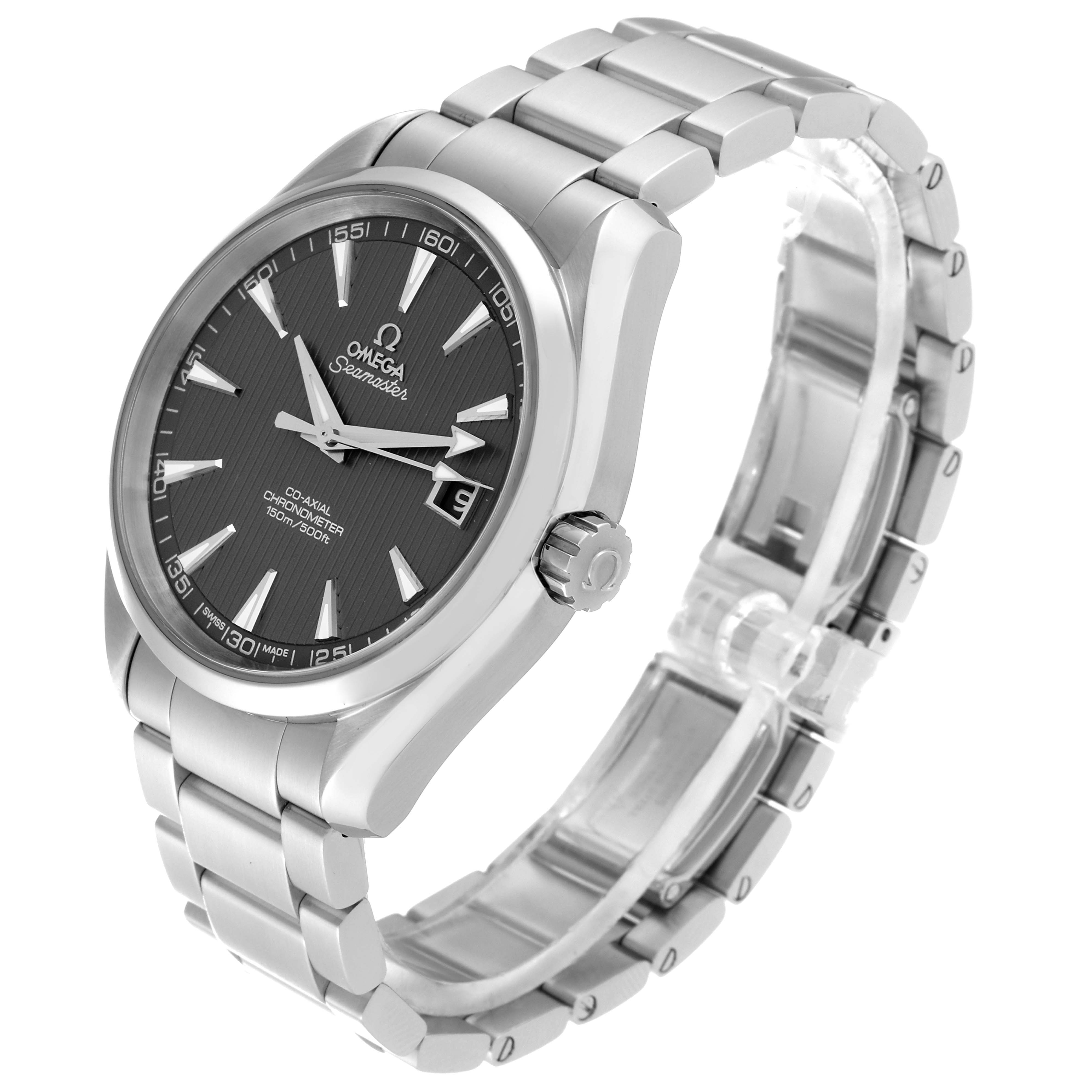 The image shows an Omega Aqua Terra 231.10.42.21.06.001 Men's Stainless Steel Grey Dial 231.10.42.21.06.001 Men's Stainless Steel Grey Dial watch at a slightly angled side view, highlighting the dial, bracelet, and crown.