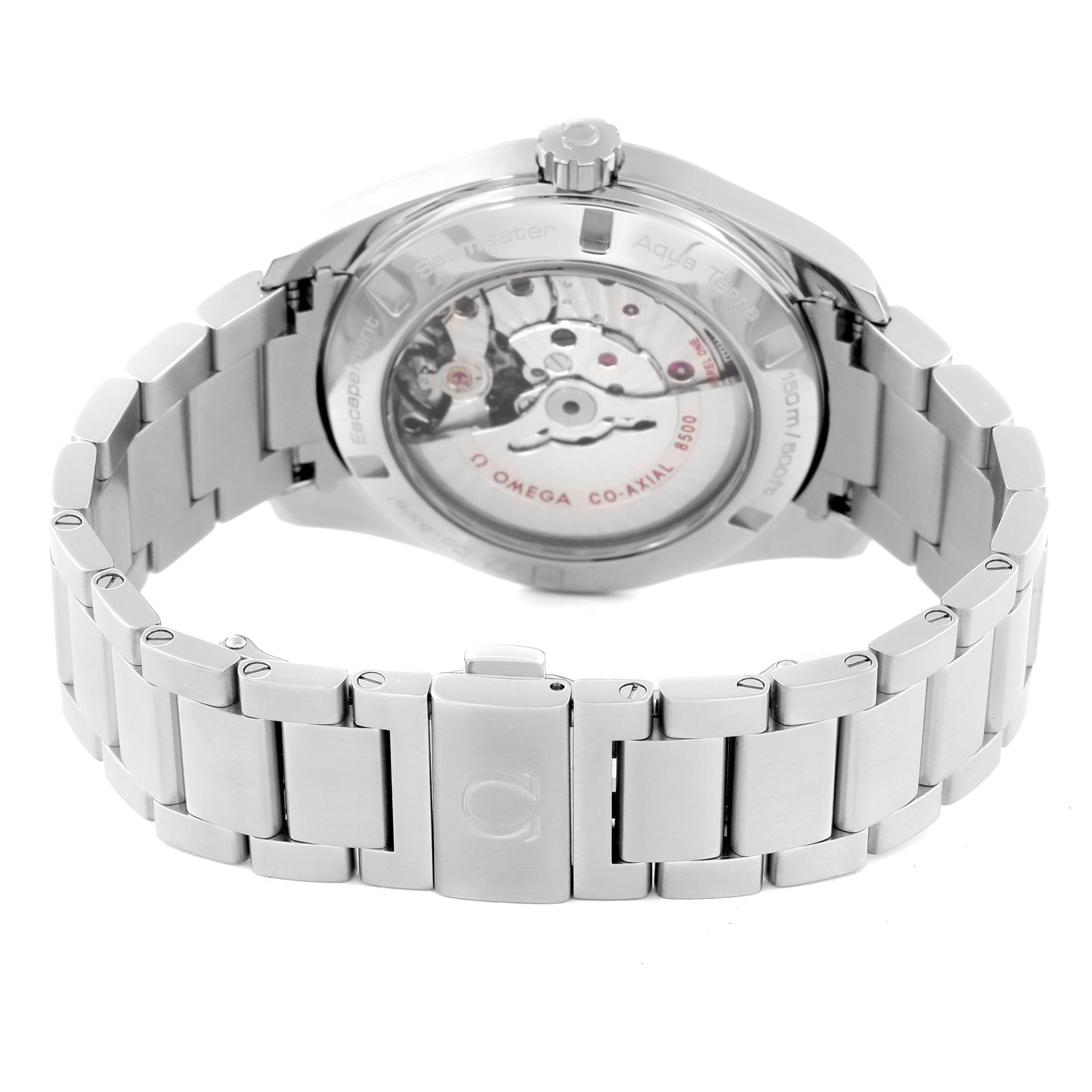 The image shows the back view of the Omega Aqua Terra 231.10.42.21.06.001 Men's Stainless Steel Grey Dial 231.10.42.21.06.001 Men's Stainless Steel Grey Dial watch, highlighting its open case back and stainless steel bracelet.