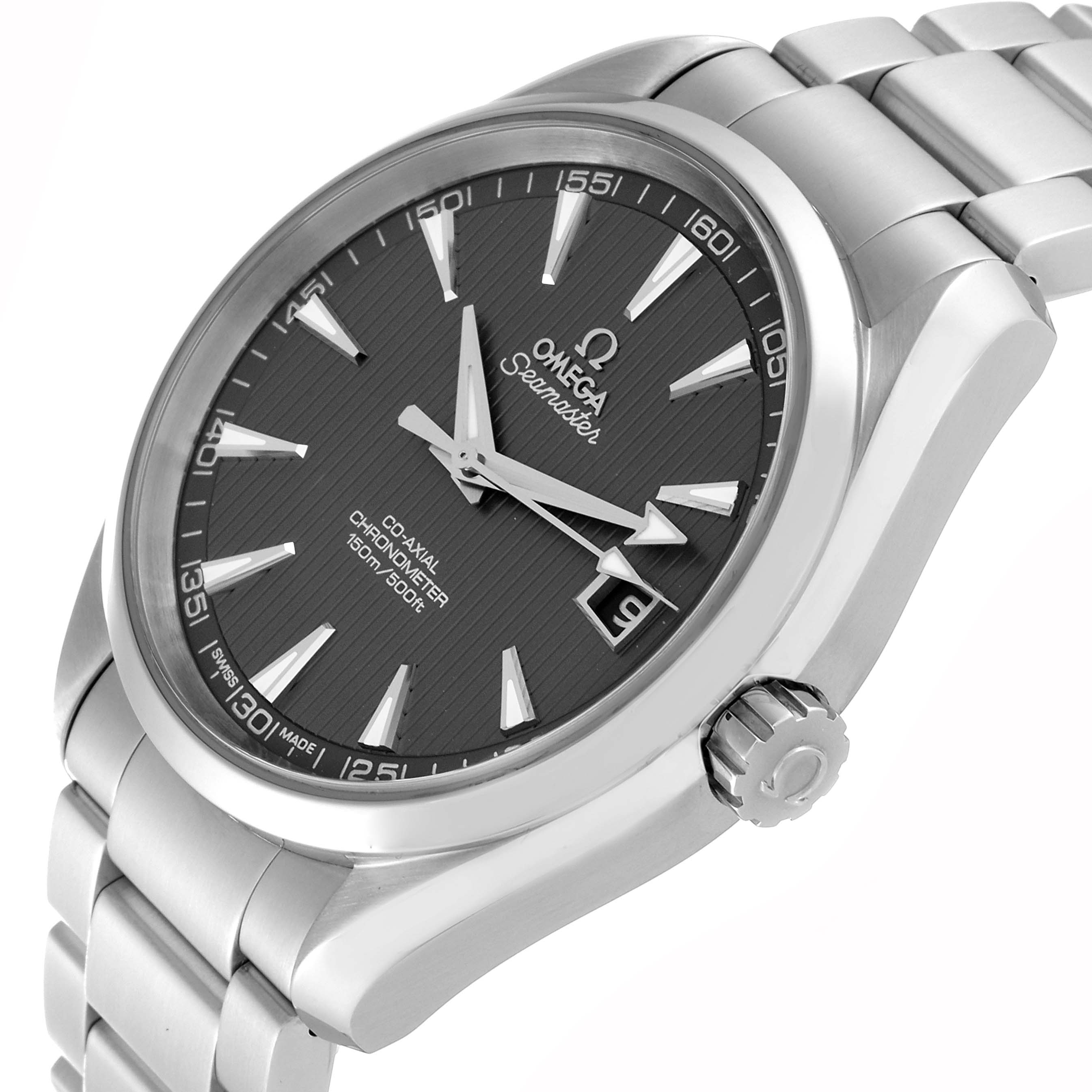 The image shows a close-up of the Omega Aqua Terra 231.10.42.21.06.001 Men's Stainless Steel Grey Dial 231.10.42.21.06.001 Men's Stainless Steel Grey Dial watch face, crown, and part of the metal bracelet at a slight angle.