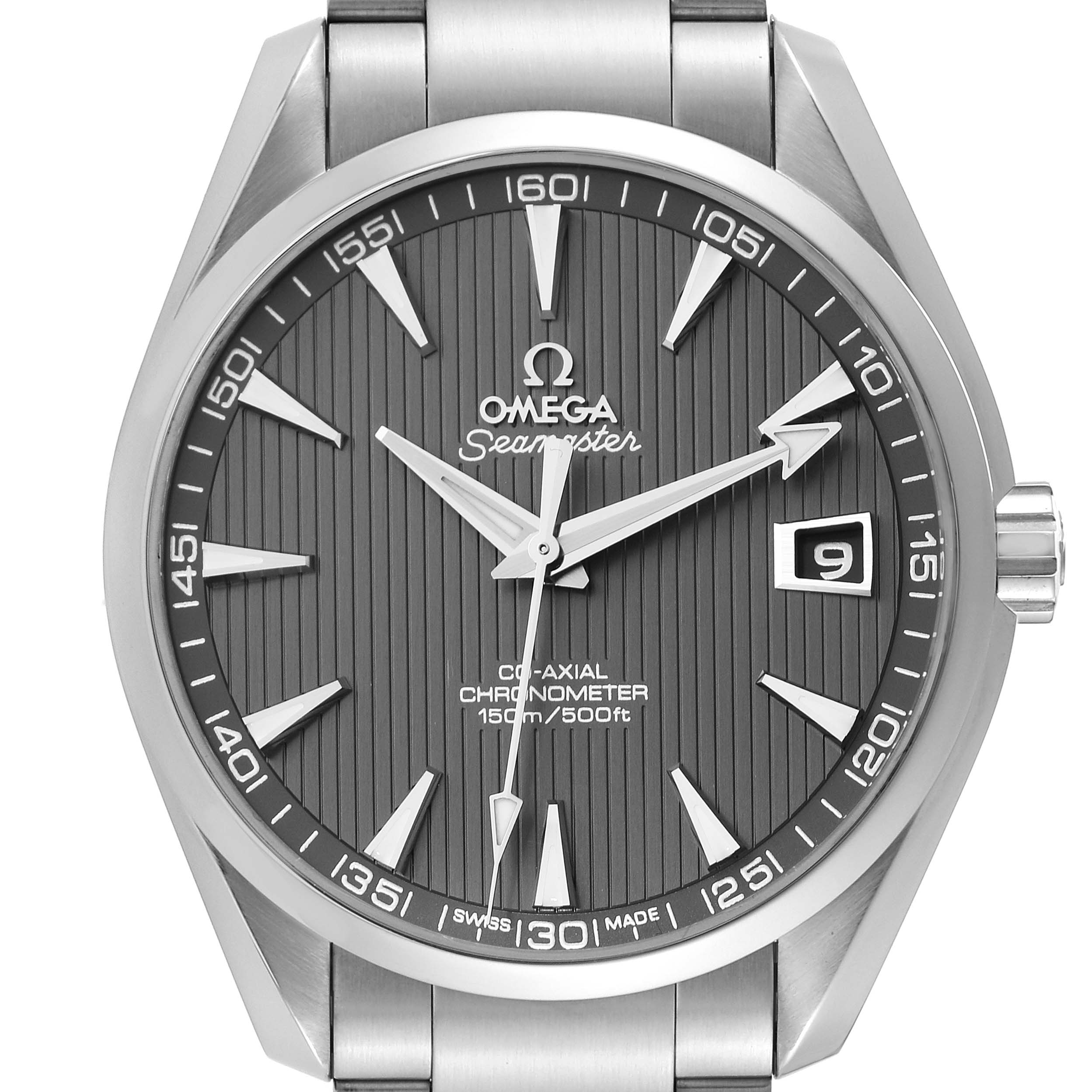 The image shows a front view of the Omega Aqua Terra 231.10.42.21.06.001 Men's Stainless Steel Grey Dial 231.10.42.21.06.001 Men's Stainless Steel Grey Dial watch, highlighting its bezel, dial, hands, and date window.