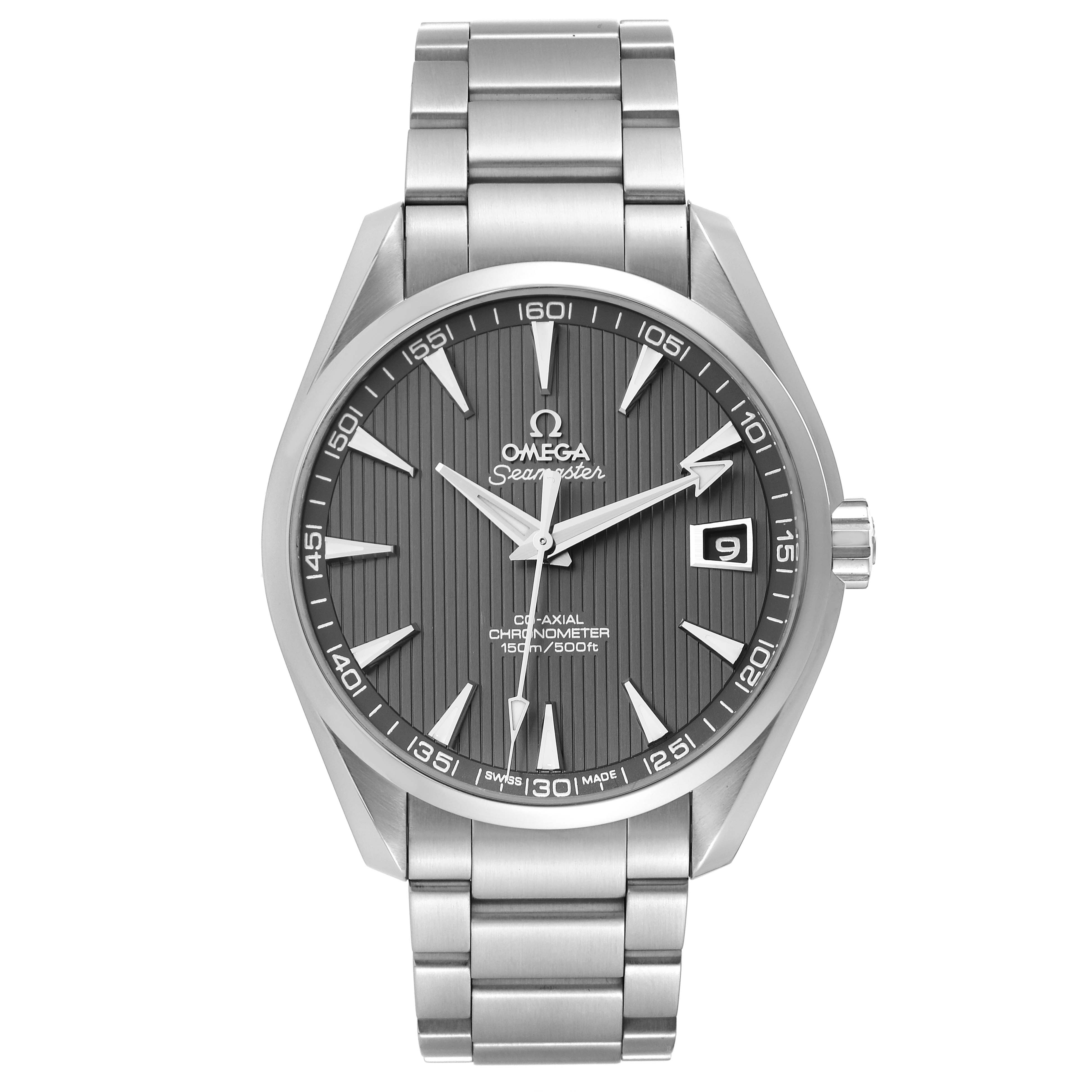 The image shows a front view of the Omega Seamaster Aqua Terra watch, displaying its face, bezel, crown, and stainless steel bracelet.