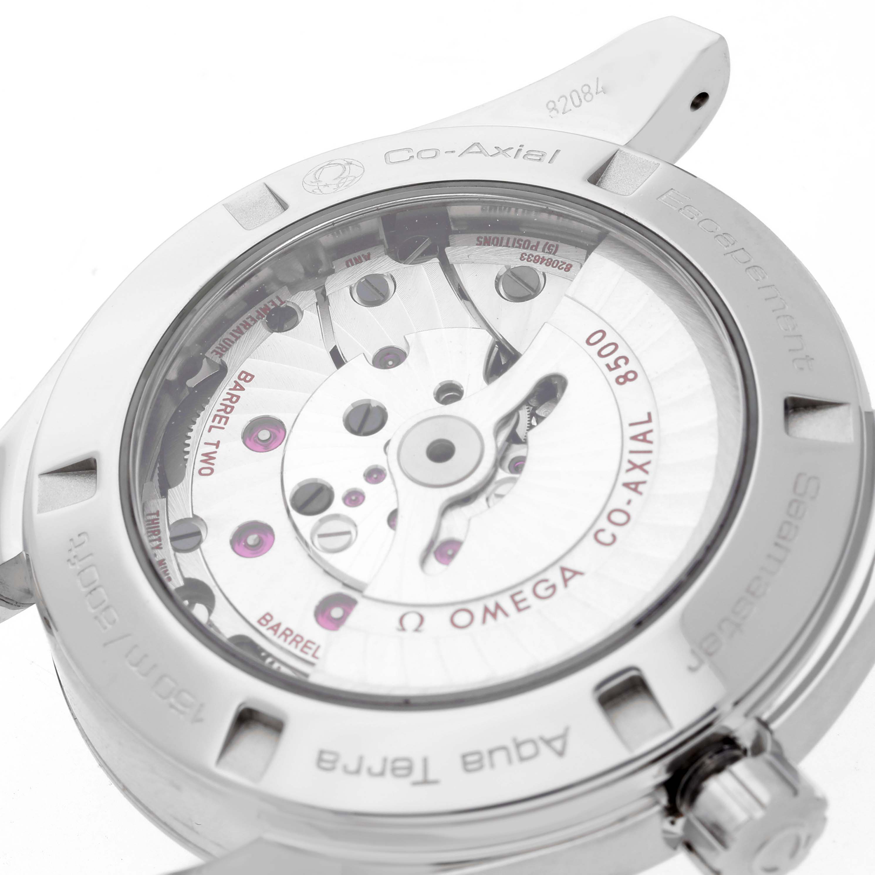 This image shows the back case and inner mechanisms of the Omega Aqua Terra 231.10.42.21.06.001 Men's Stainless Steel Grey Dial 231.10.42.21.06.001 Men's Stainless Steel Grey Dial watch, highlighting its Co-Axial escapement.