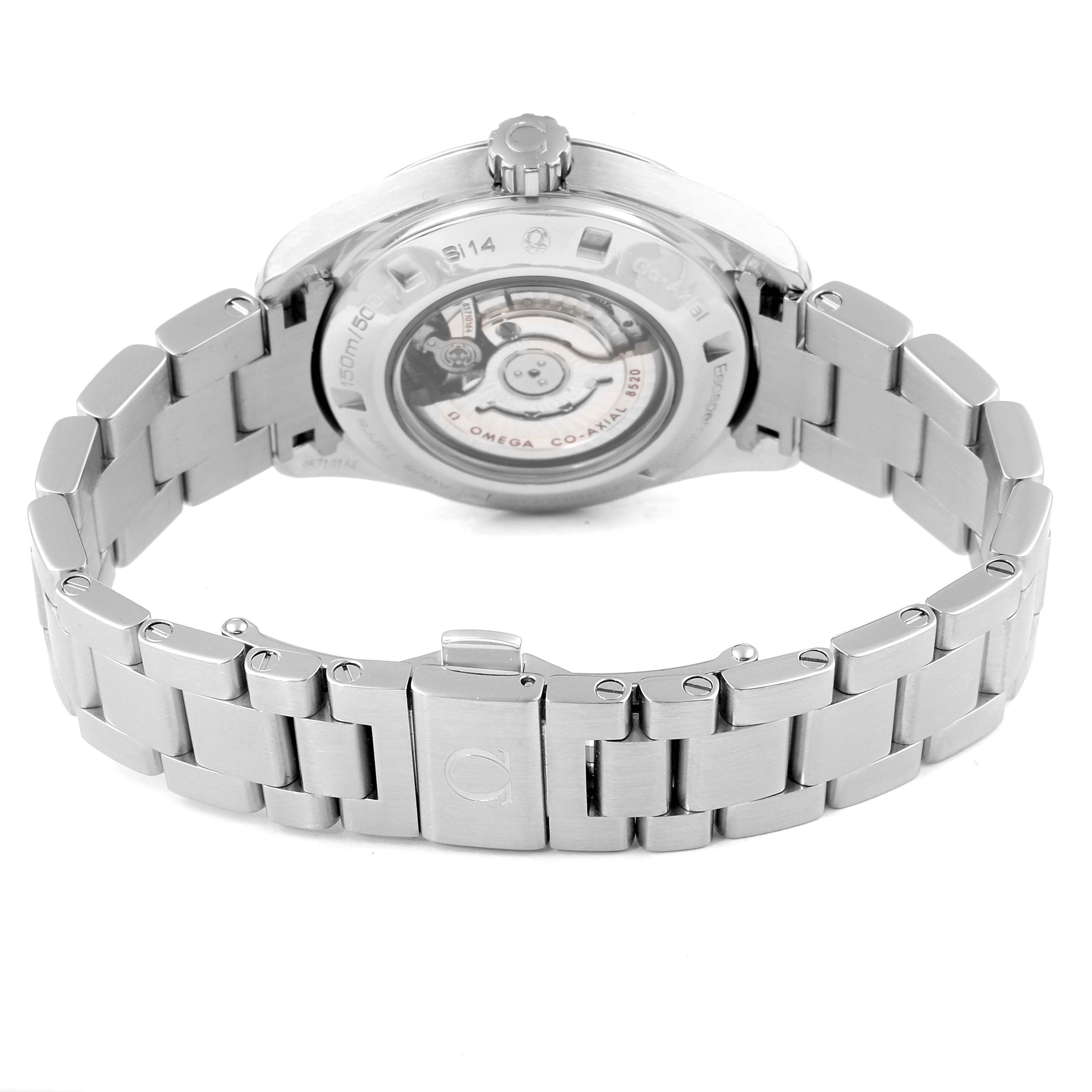 The image shows the back view of the Omega 231.10.34.20.01.001  Women's Stainless Steel Black Dial 231.10.34.20.01.001  Women's Stainless Steel Black Dial Seamaster Aqua Terra Steel Ladies Watch 231.10.34.20.01.001, highlighting the bracelet and case back.