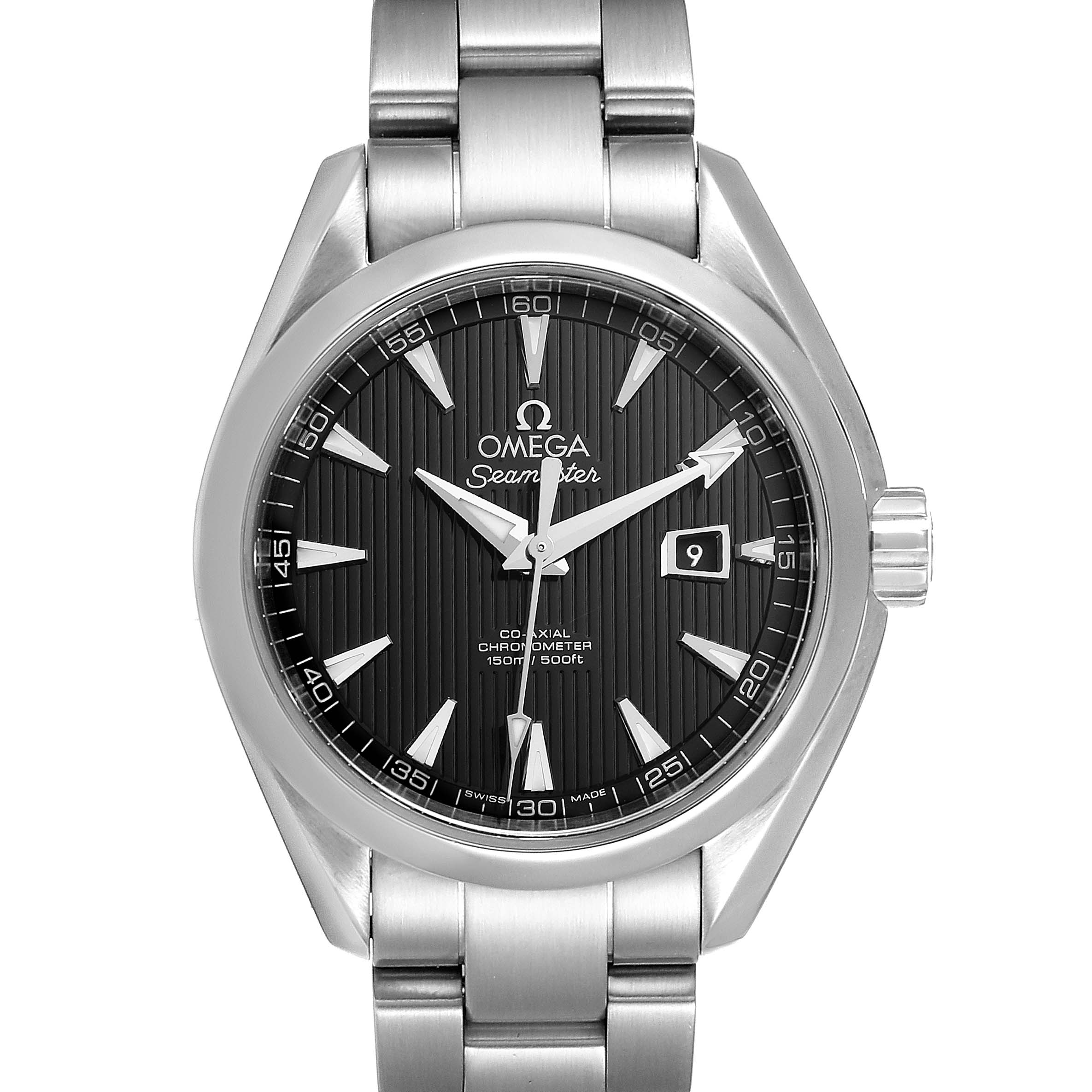 The image shows the front view of the Omega 231.10.34.20.01.001  Women's Stainless Steel Black Dial 231.10.34.20.01.001  Women's Stainless Steel Black Dial Seamaster Aqua Terra Steel Ladies Watch 231.10.34.20.01.001, highlighting the watch face and bracelet.