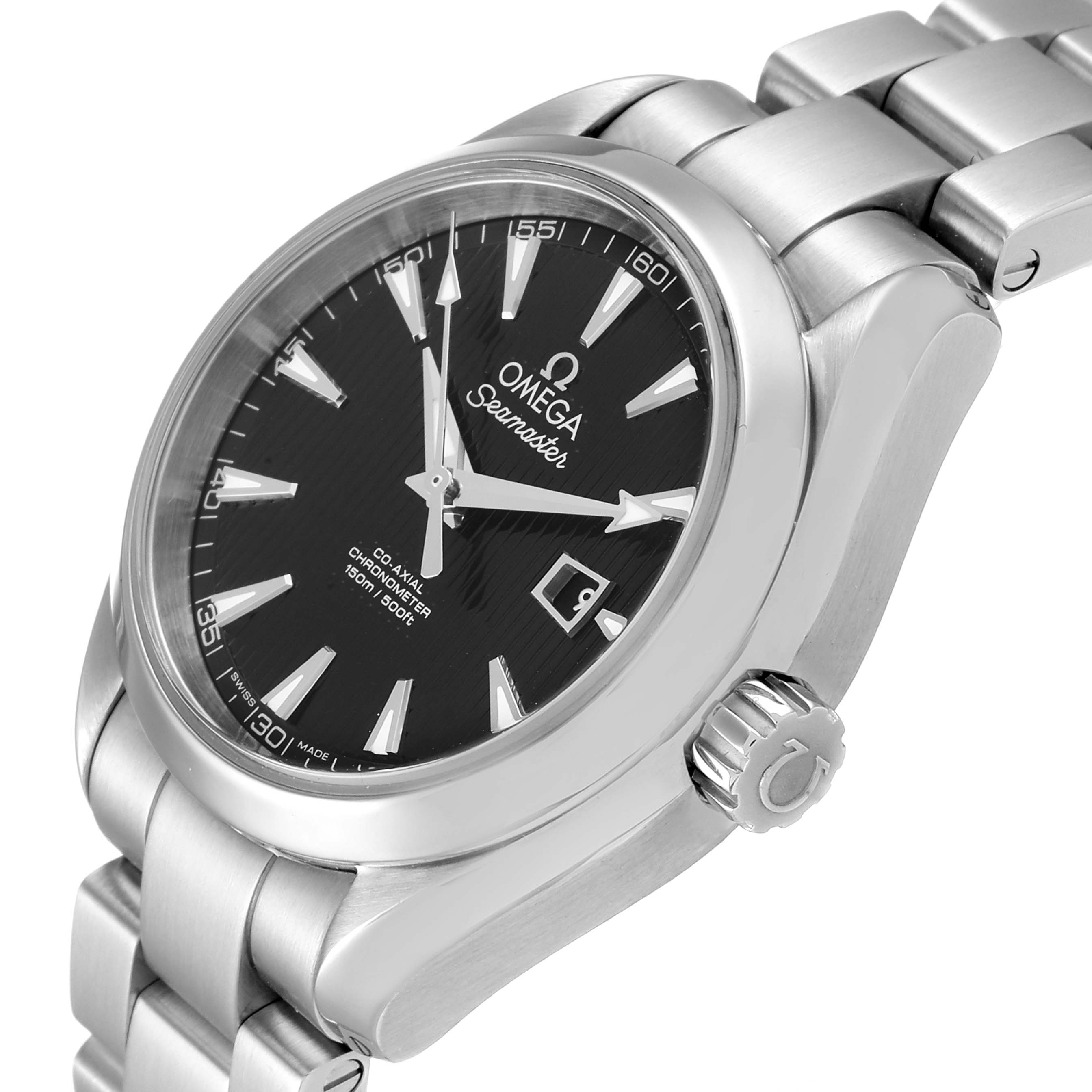 The image shows a close-up, angled view of the face and bracelet of the Omega 231.10.34.20.01.001  Women's Stainless Steel Black Dial 231.10.34.20.01.001  Women's Stainless Steel Black Dial Seamaster Aqua Terra Steel Ladies Watch 231.10.34.20.01.001.