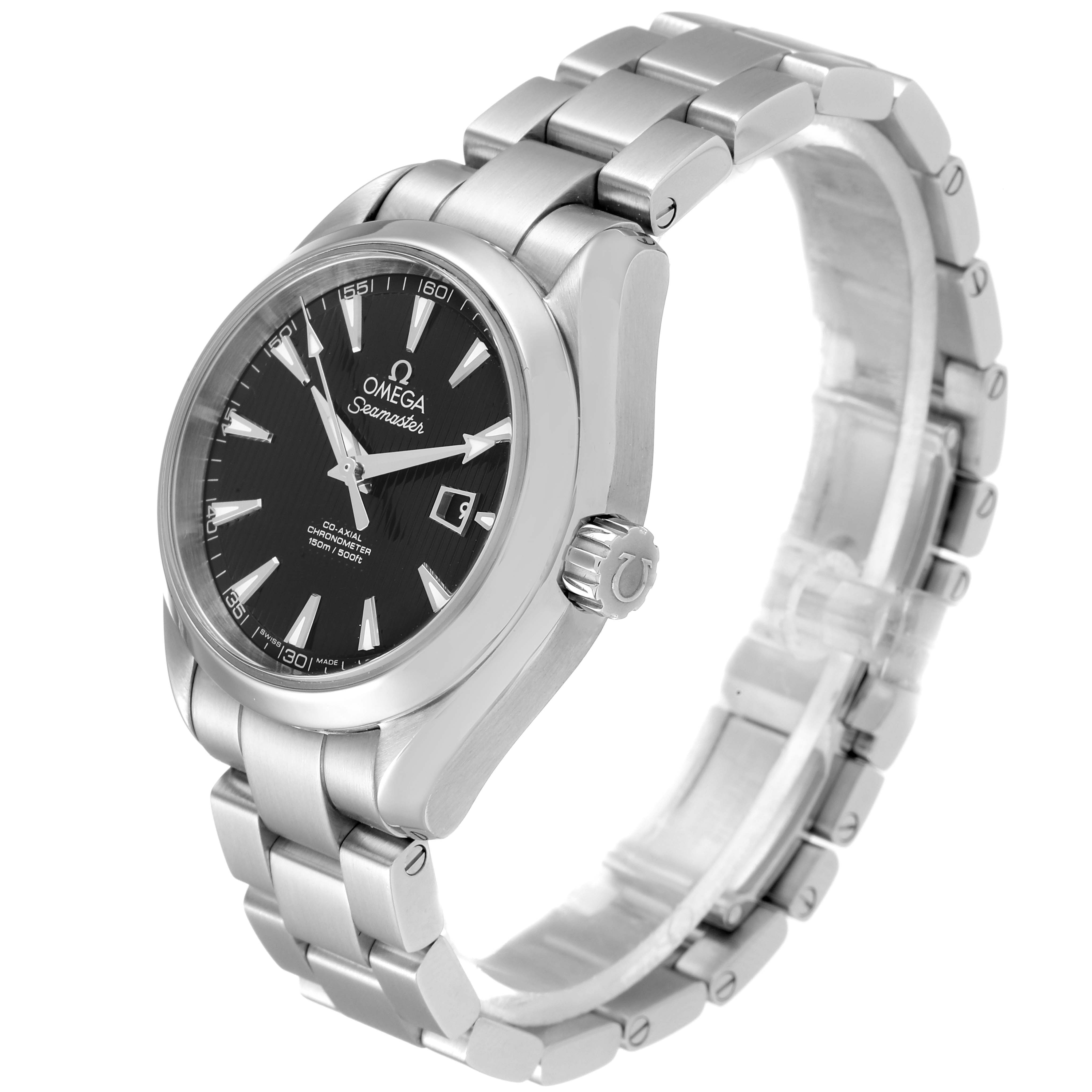 The image shows an angled view of the Omega 231.10.34.20.01.001  Women's Stainless Steel Black Dial 231.10.34.20.01.001  Women's Stainless Steel Black Dial Seamaster Aqua Terra Steel Ladies Watch 231.10.34.20.01.001, highlighting the face, bracelet, and crown.