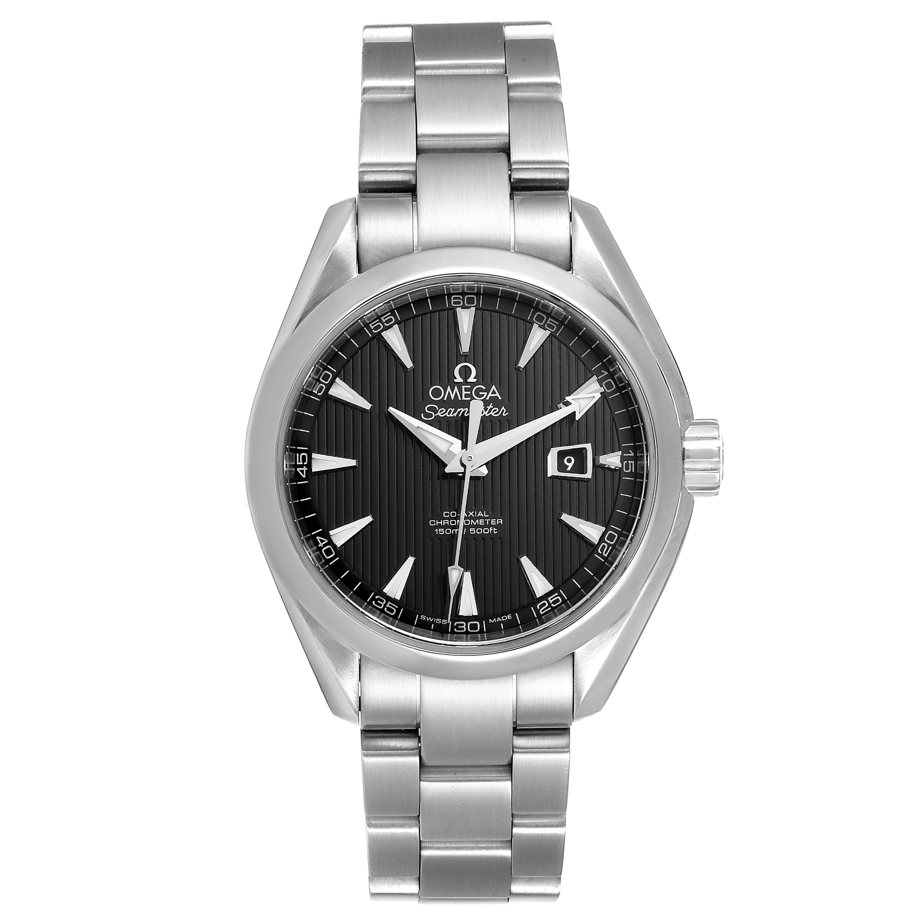 The image shows a front view of the Omega 231.10.34.20.01.001  Women's Stainless Steel Black Dial 231.10.34.20.01.001  Women's Stainless Steel Black Dial Seamaster Aqua Terra Steel Ladies Watch 231.10.34.20.01.001 displaying the watch face and bracelet.