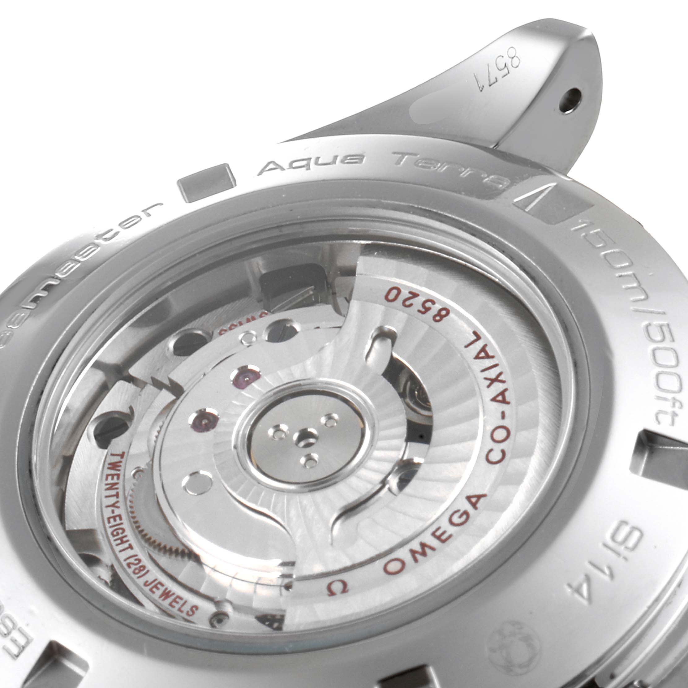 The image shows the back view of the Omega 231.10.34.20.01.001  Women's Stainless Steel Black Dial 231.10.34.20.01.001  Women's Stainless Steel Black Dial Seamaster Aqua Terra Steel Ladies Watch 231.10.34.20.01.001, displaying its movement and caseback inscriptions.